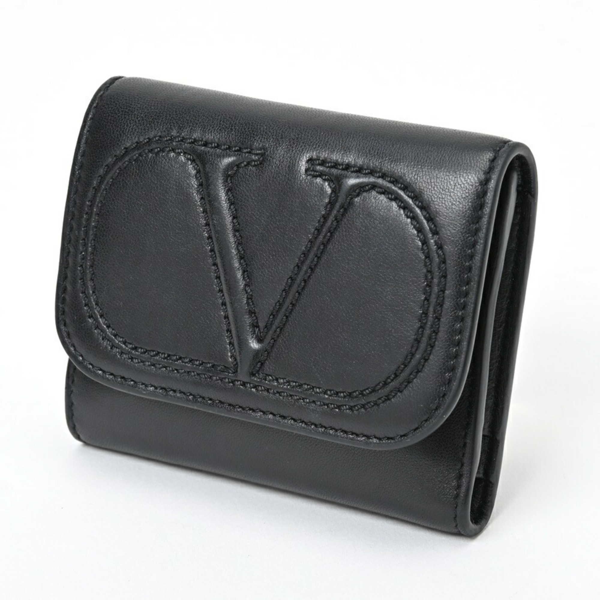 Valentino V-Sling Tri-Fold Compact Wallet Leather Black S-156408