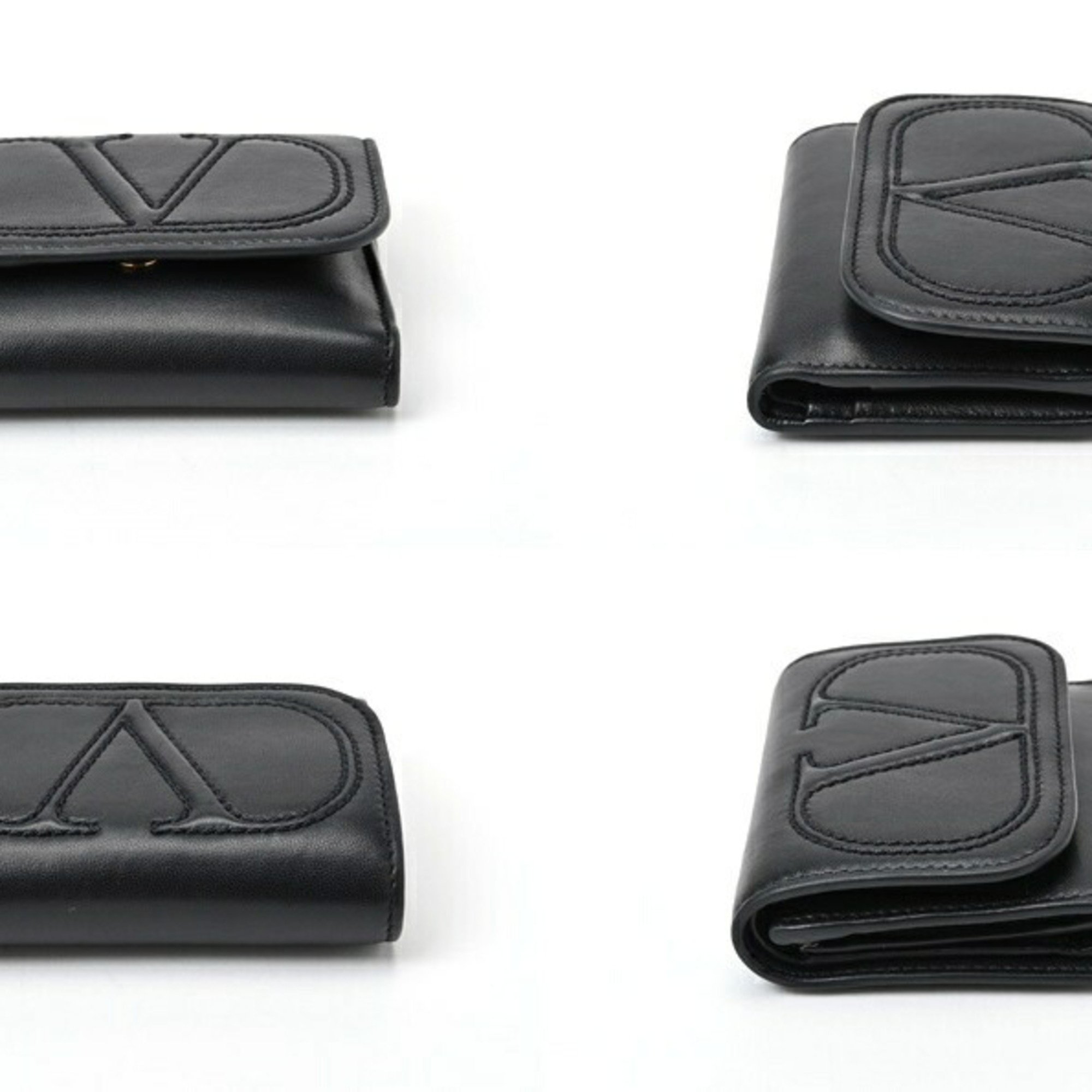 Valentino V-Sling Tri-Fold Compact Wallet Leather Black S-156408