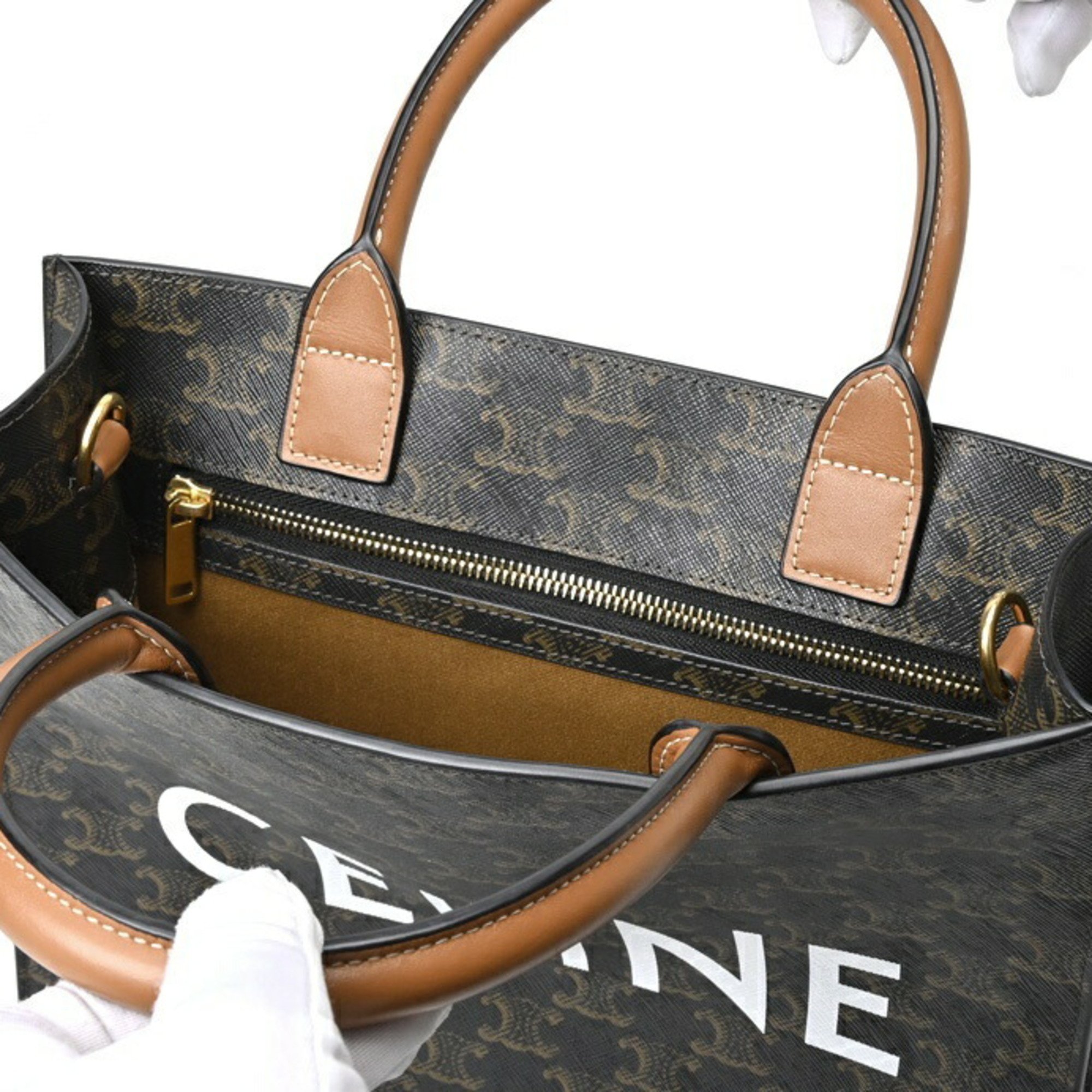 CELINE Vertical Cabas Small 191542BZK.04LU Triomphe Canvas Calfskin Tan E-156291