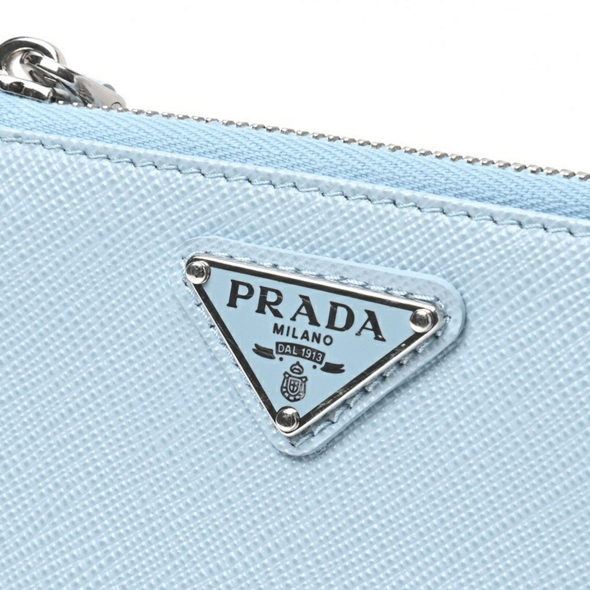 PRADA Saffiano Triangle Card Case Coin Holder 1MC086 Leather Light Blue S-156393