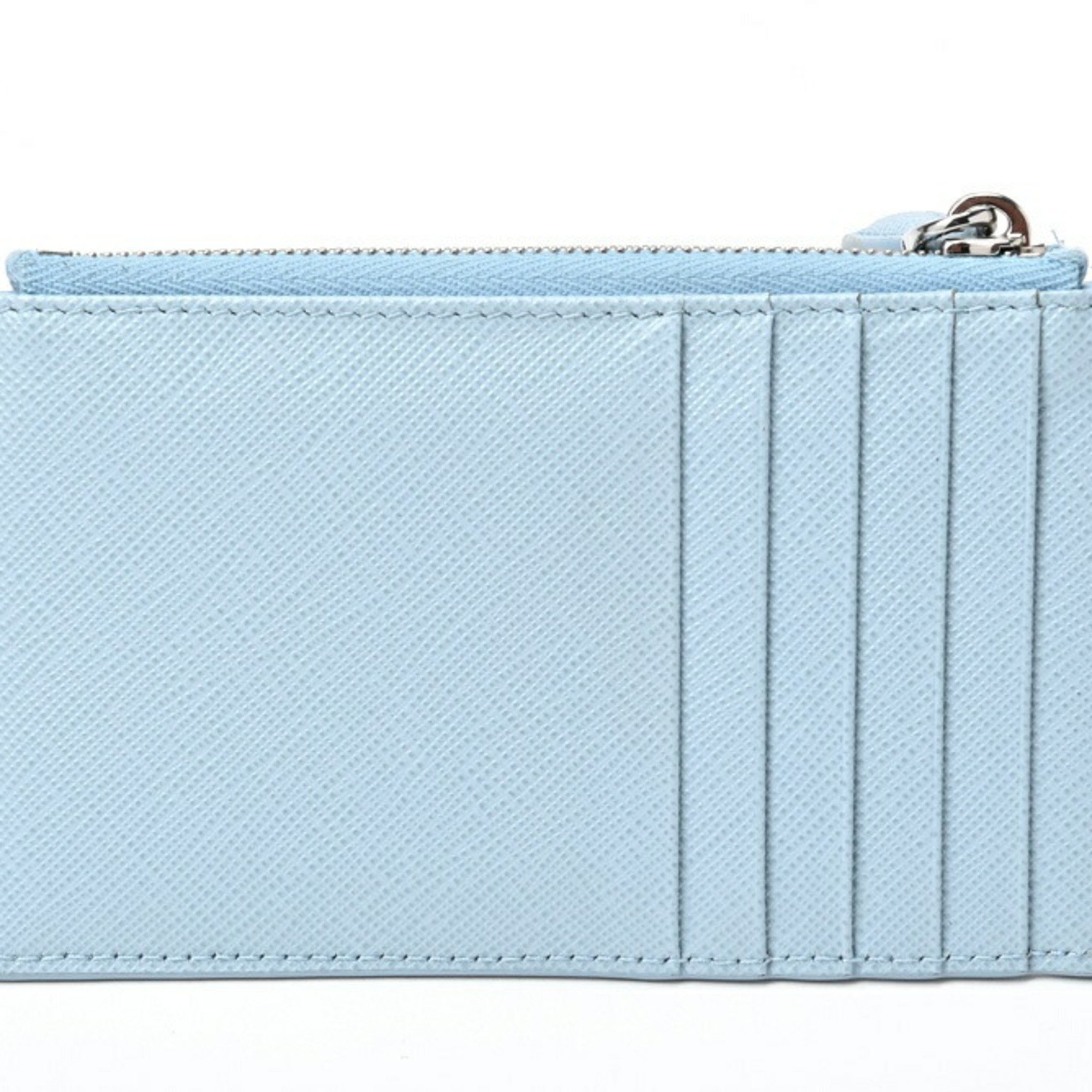 PRADA Saffiano Triangle Card Case Coin Holder 1MC086 Leather Light Blue S-156393