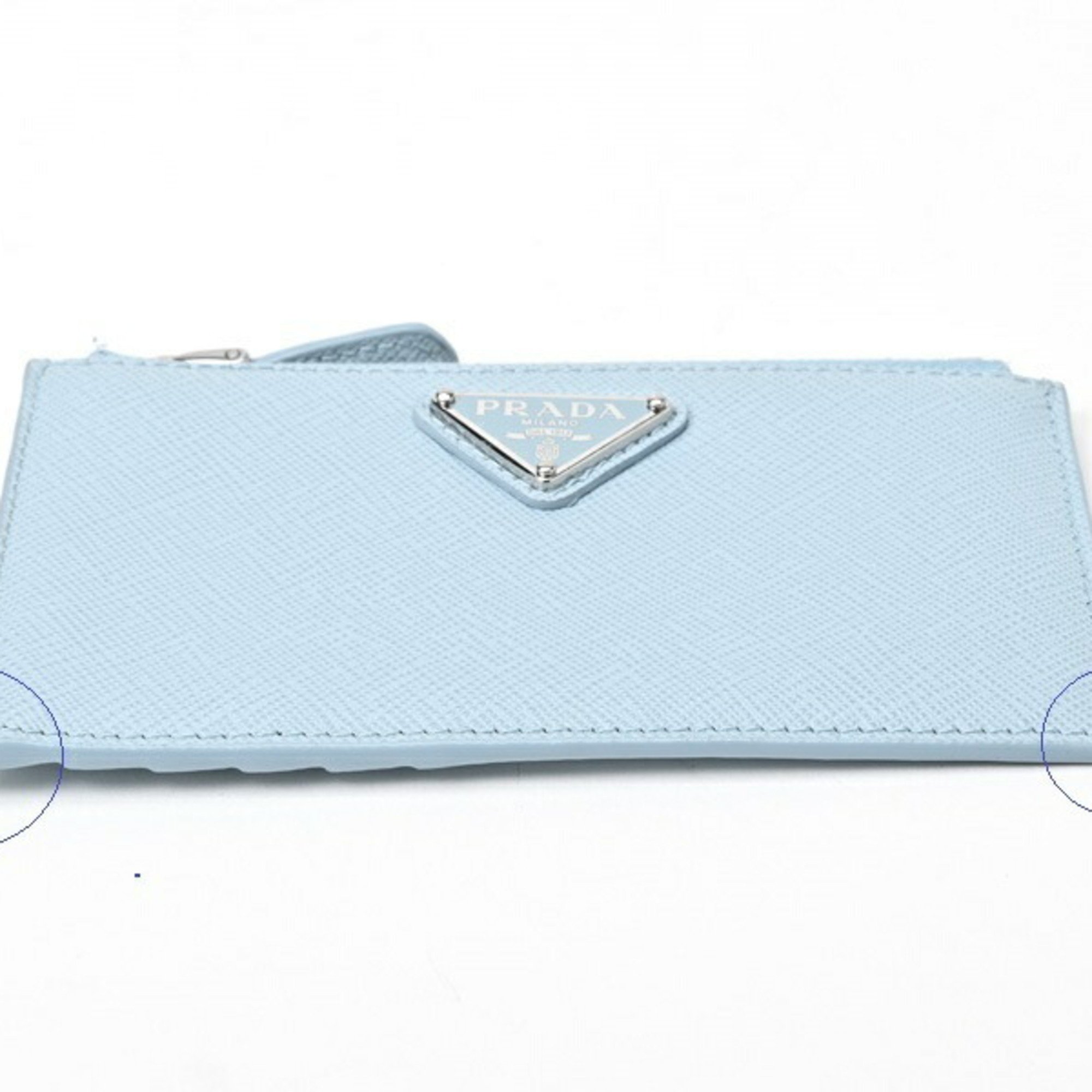 PRADA Saffiano Triangle Card Case Coin Holder 1MC086 Leather Light Blue S-156393