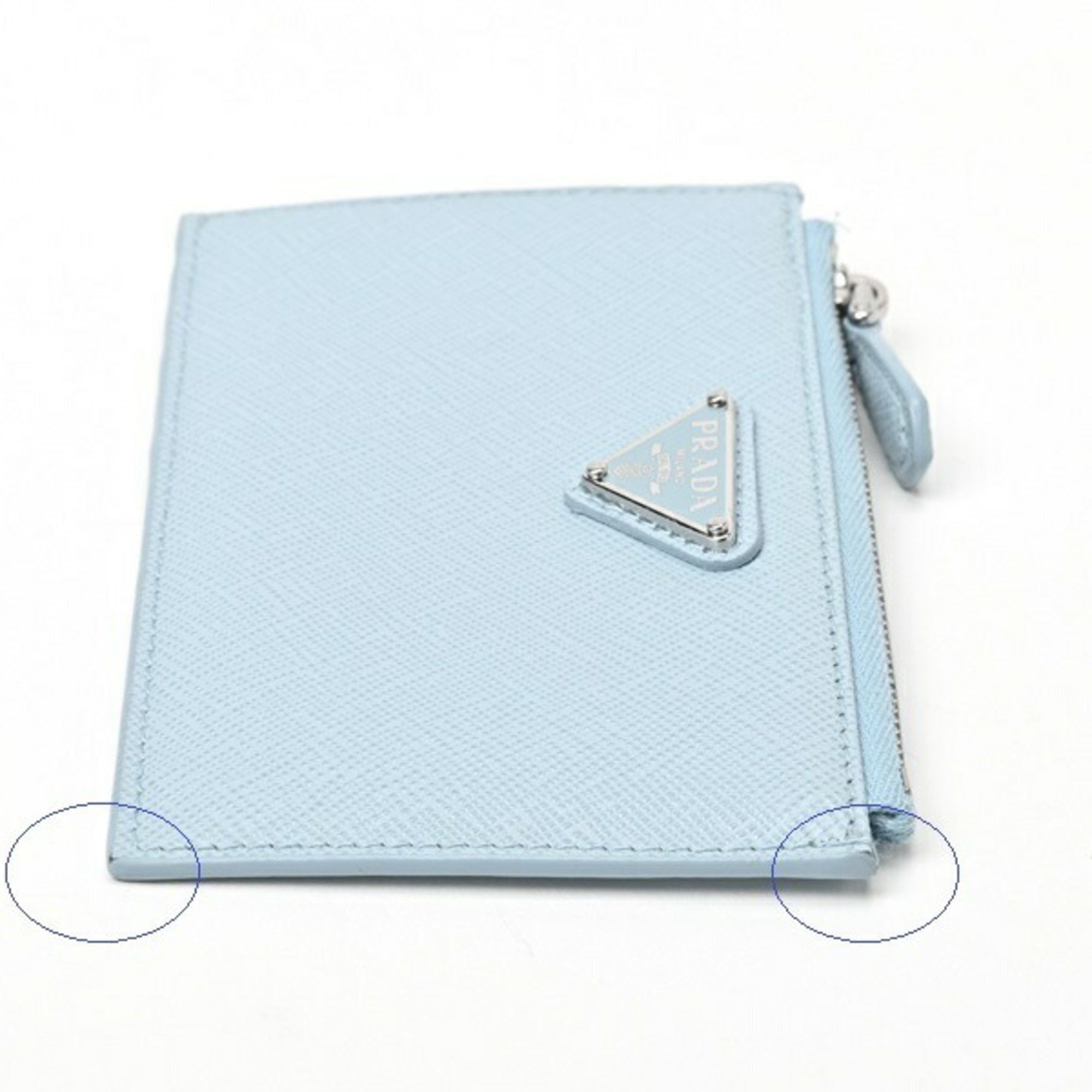 PRADA Saffiano Triangle Card Case Coin Holder 1MC086 Leather Light Blue S-156393