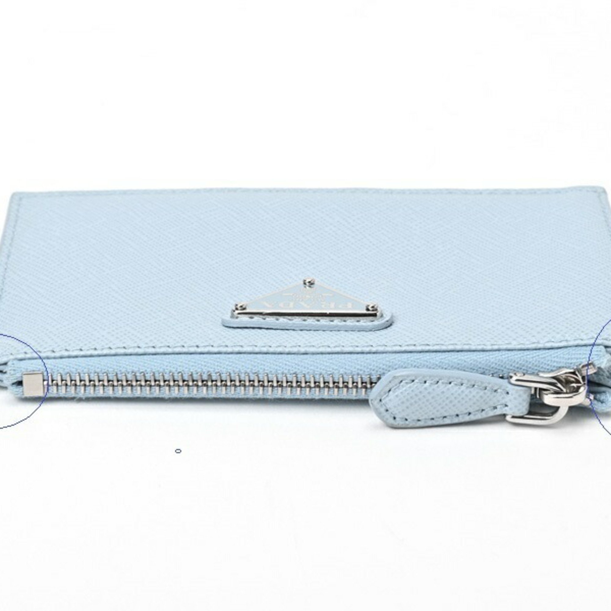 PRADA Saffiano Triangle Card Case Coin Holder 1MC086 Leather Light Blue S-156393