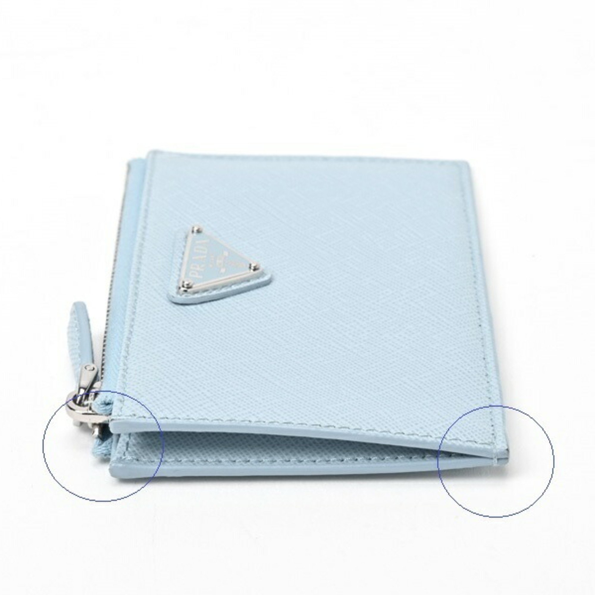 PRADA Saffiano Triangle Card Case Coin Holder 1MC086 Leather Light Blue S-156393