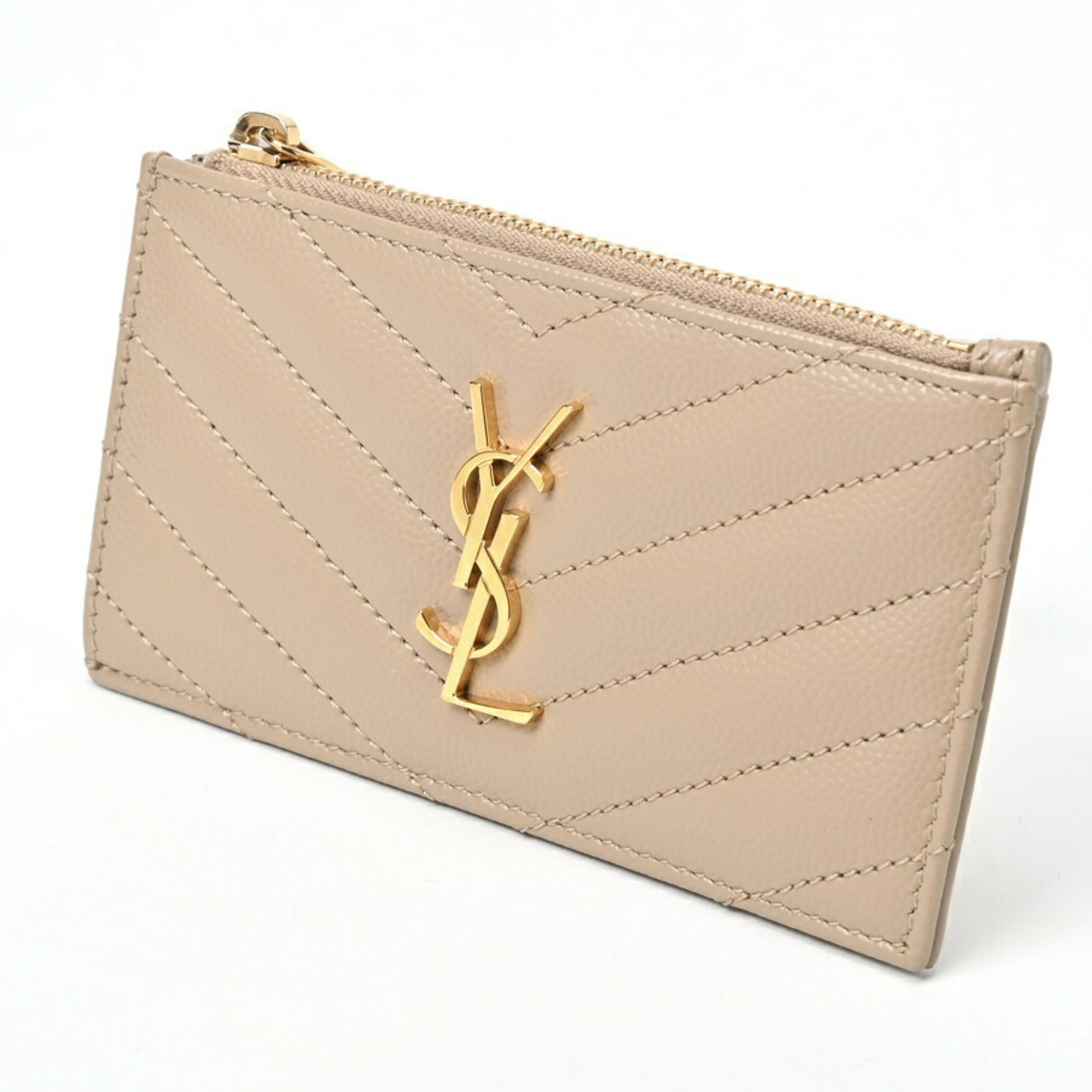 Saint Laurent SAINT LAURENT Monogram Fragment Zip Card Case Coin Holder 607915 Grained de Poudre Embossed Leather Beige E-156424