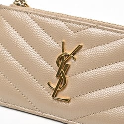 Saint Laurent SAINT LAURENT Monogram Fragment Zip Card Case Coin Holder 607915 Grained de Poudre Embossed Leather Beige E-156424