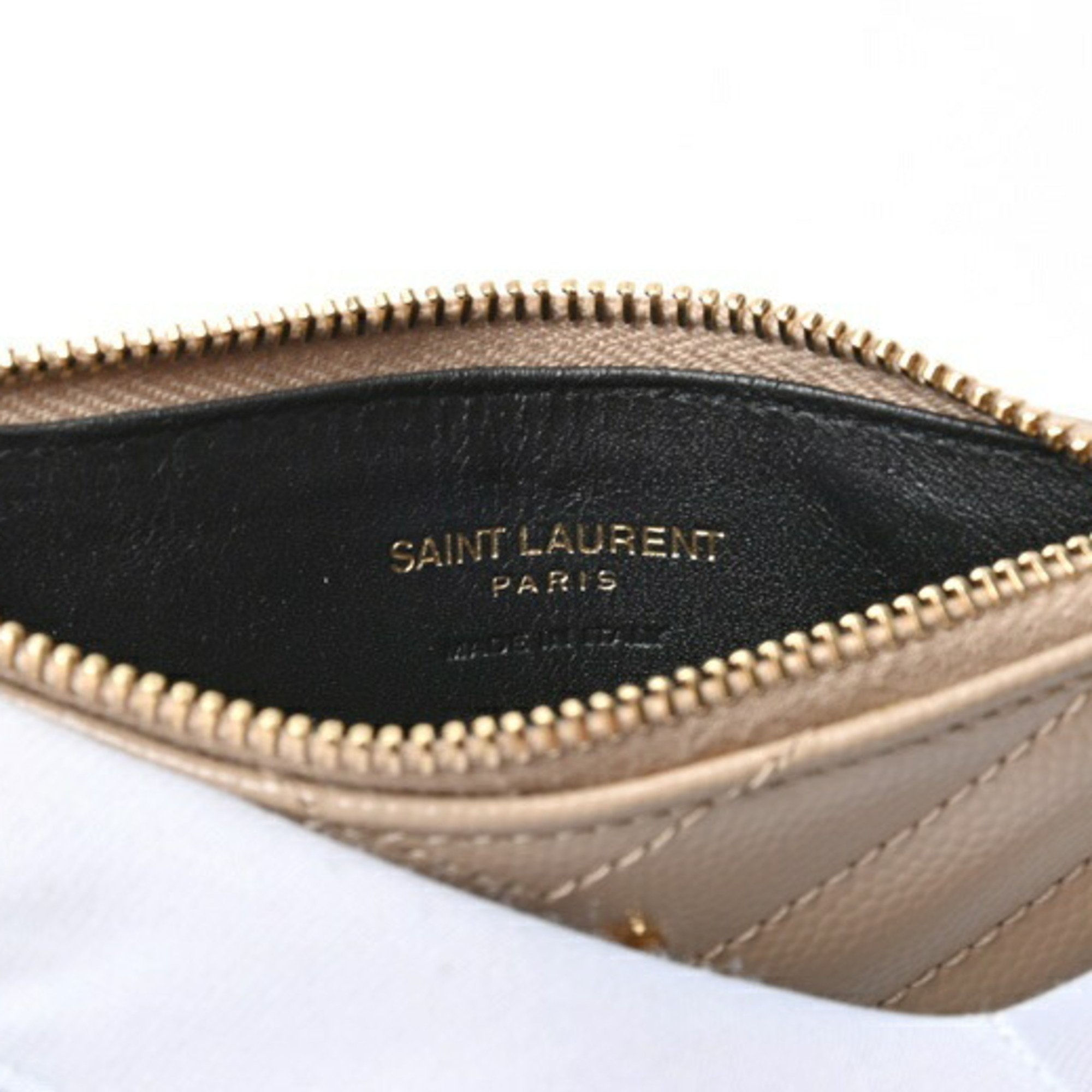 Saint Laurent SAINT LAURENT Monogram Fragment Zip Card Case Coin Holder 607915 Grained de Poudre Embossed Leather Beige E-156424