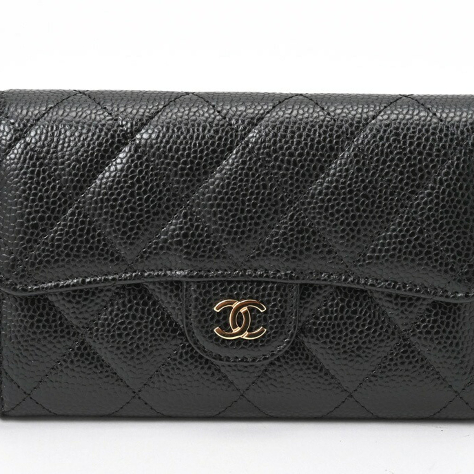 CHANEL Matelasse Medium Flap Wallet Tri-fold AP0232 Caviar Skin Black S-156496