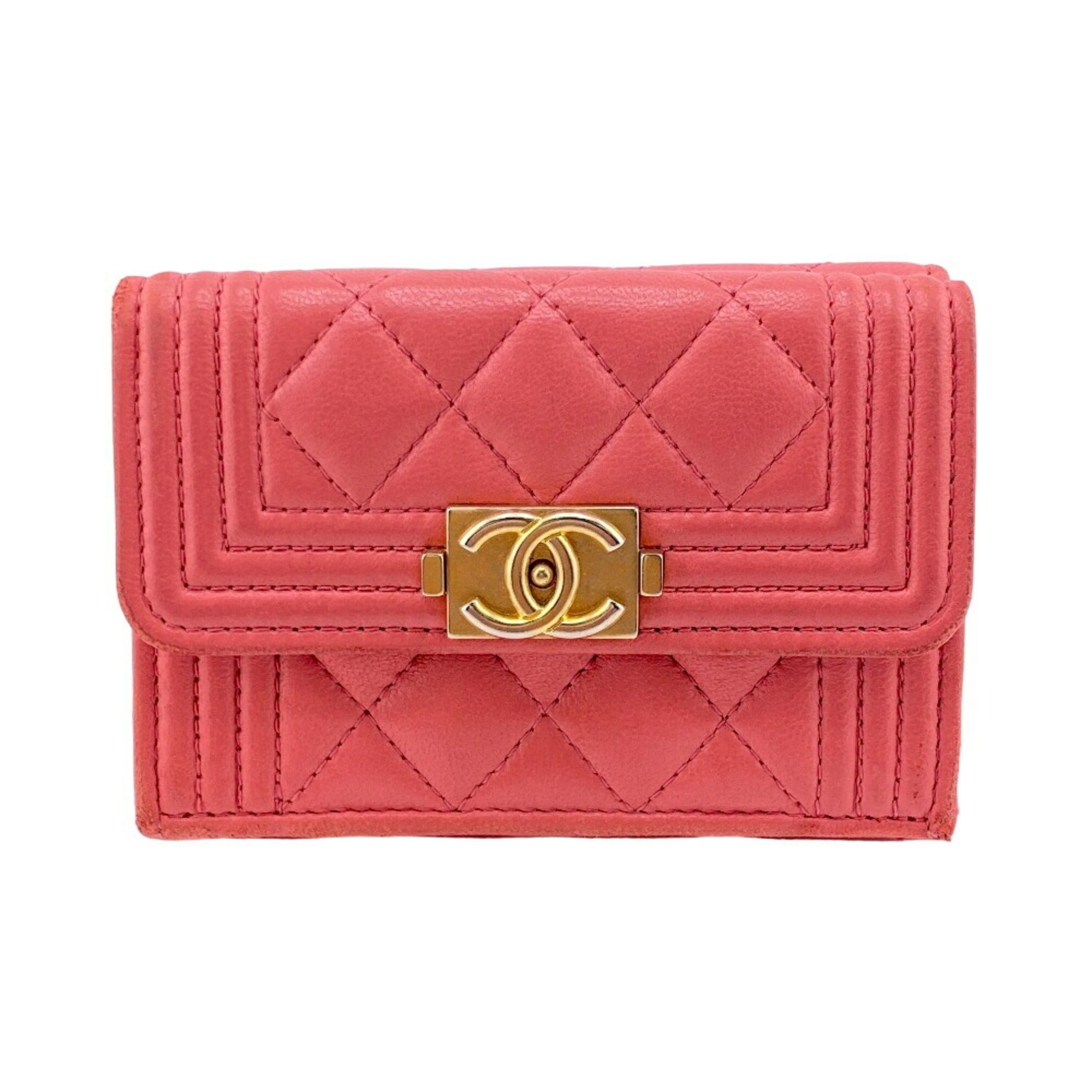 CHANEL Boy Chanel Coco Mark Tri-fold Wallet Pink Women's