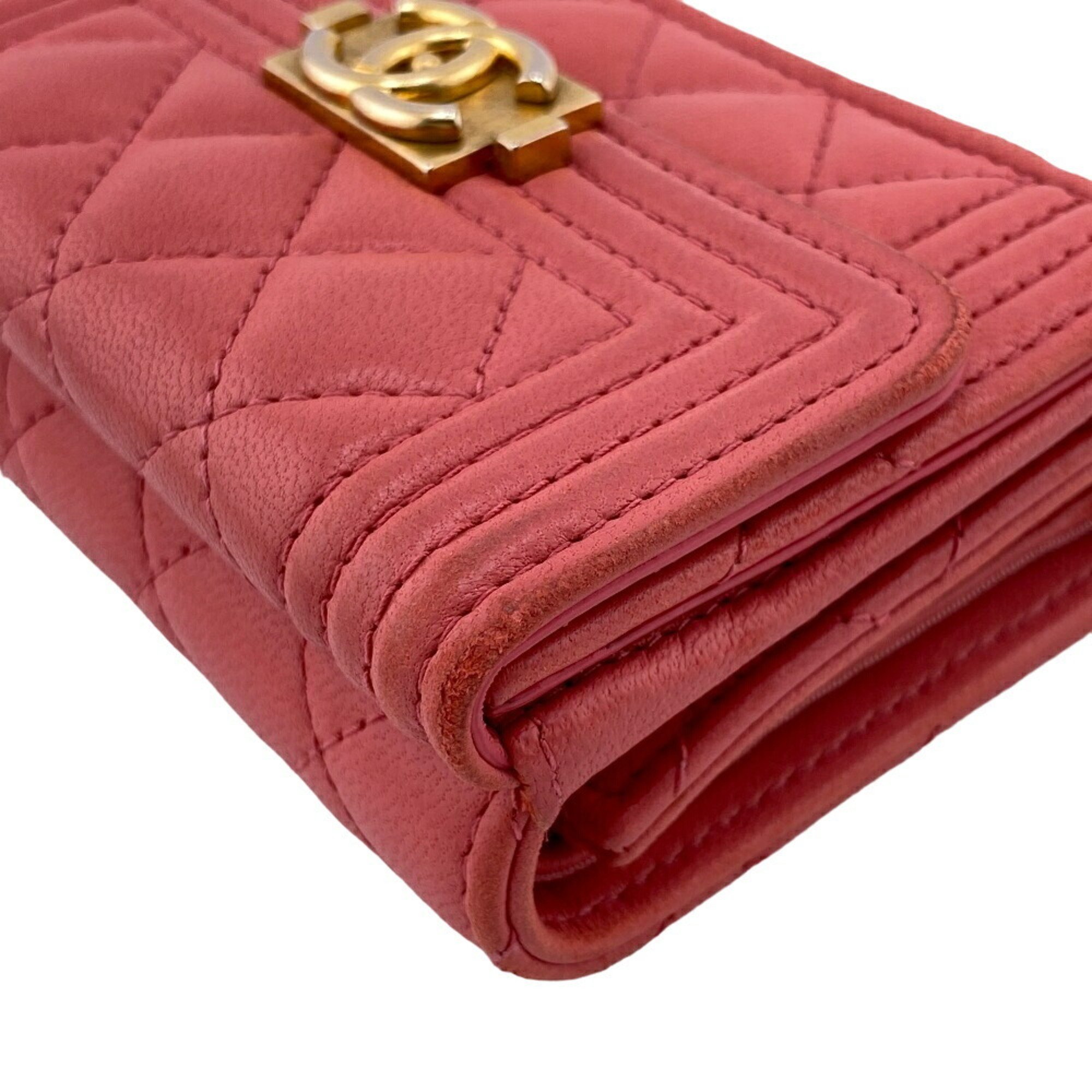 CHANEL Boy Chanel Coco Mark Tri-fold Wallet Pink Women's