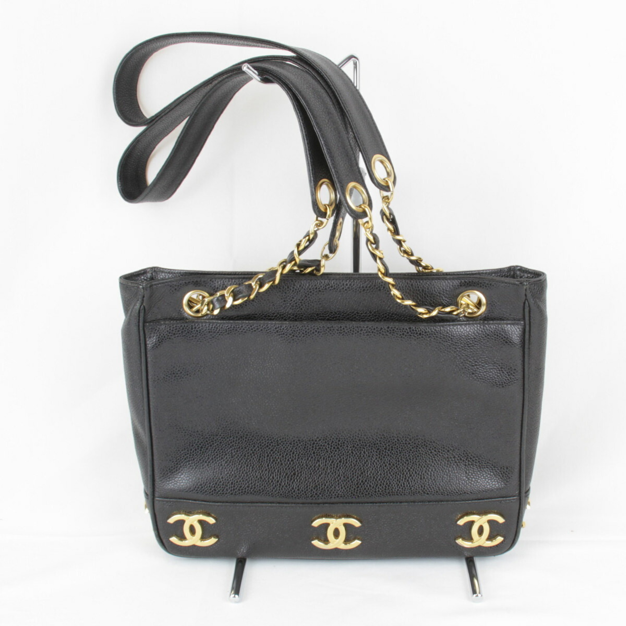 CHANEL Triple Coco Shoulder Bag Leather Black Women's