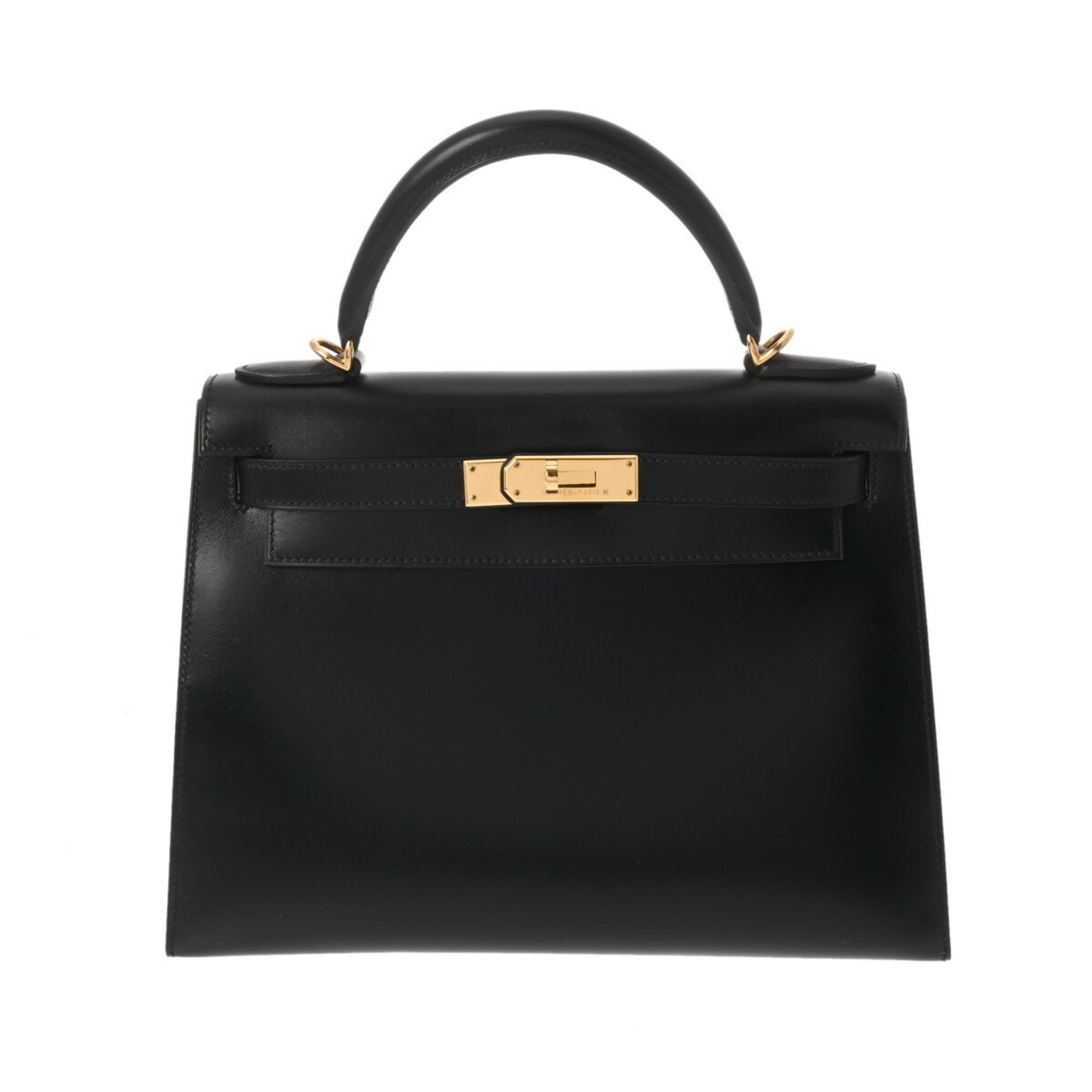 HERMES Kelly 28 Outer Stitching Black D Stamp (around 2000) Women's Box Calf Handbag