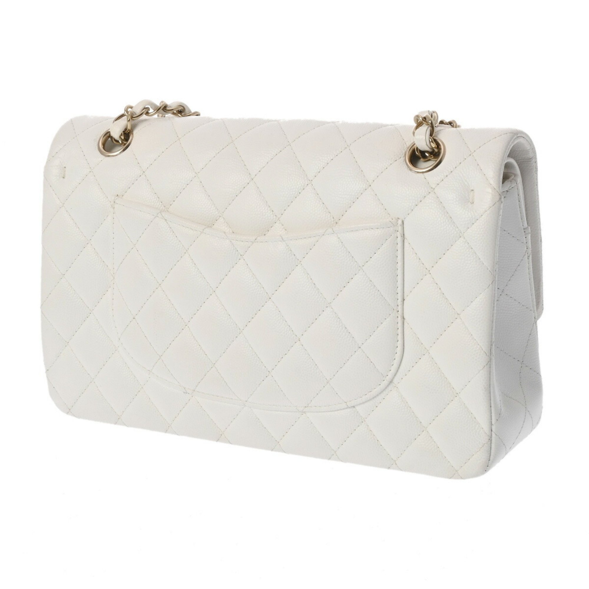 CHANEL Chanel Matelasse Chain Shoulder Double Flap 25cm White A01112 Women's Caviar Skin Bag