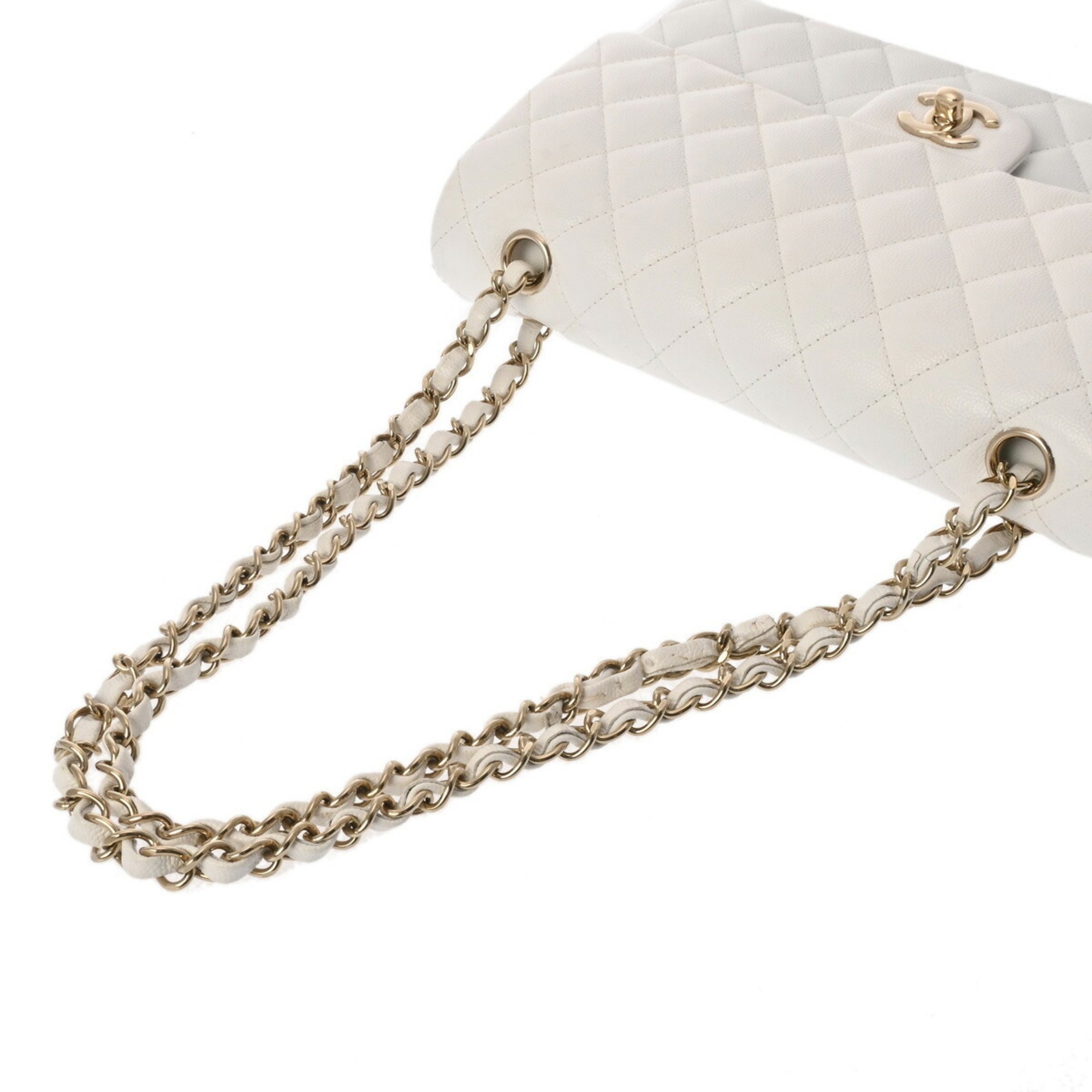 CHANEL Chanel Matelasse Chain Shoulder Double Flap 25cm White A01112 Women's Caviar Skin Bag