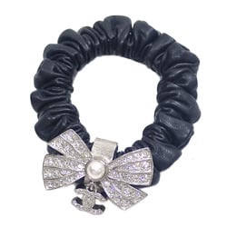 Chanel Scrunchie for Women Leather Black Ribbon Coco Mark Rhinestone Hair Tie