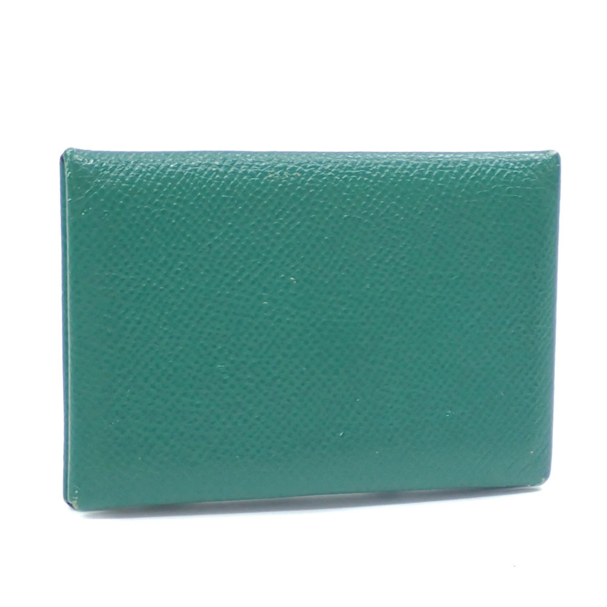 Hermes Calvi Bi-fold Card Case for Women, Green, Epsom Leather, C Stamp, Made in 2018, HERMES Leather 042973