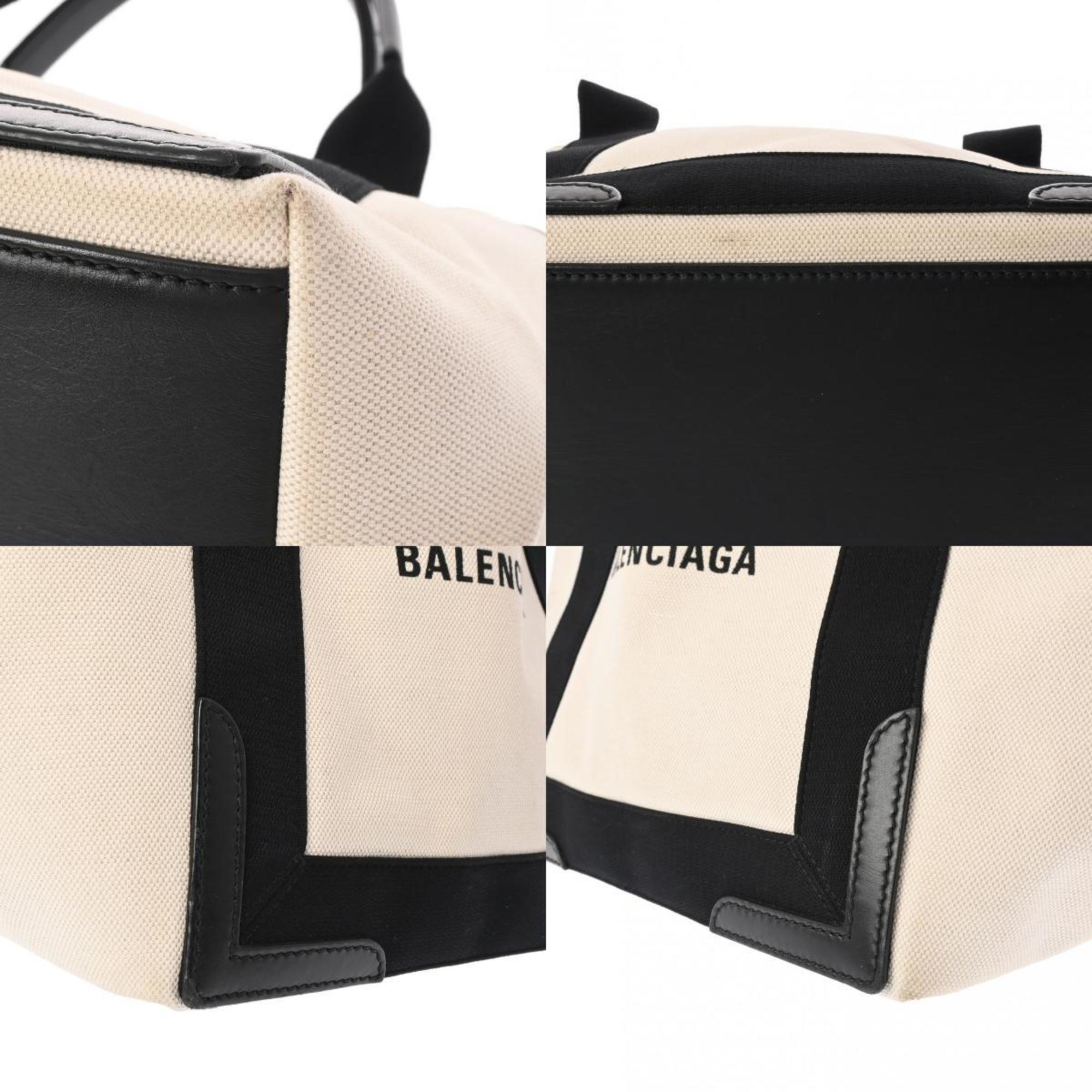 BALENCIAGA Navy Cabas Beige/Black 339933 Women's Canvas Leather Handbag