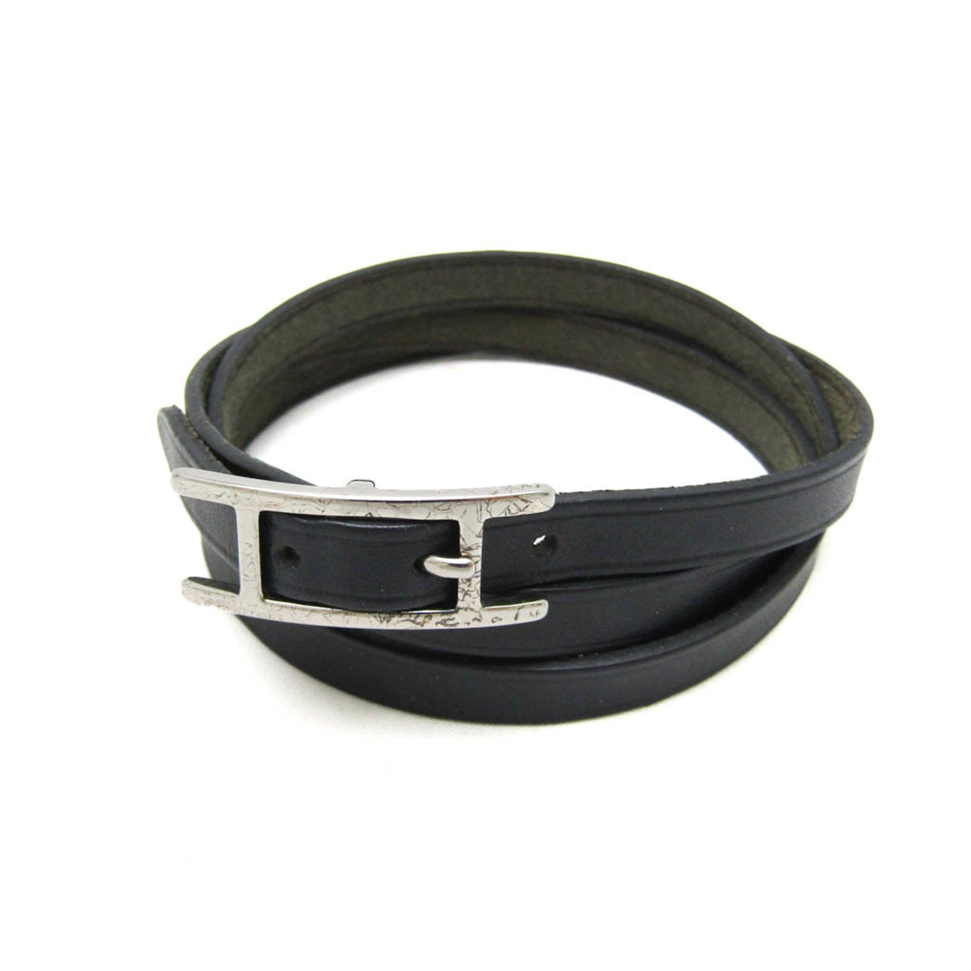 Hermes Hapi Triple Bracelet Choker Leather,Metal No Stone Bangle Black,Silver