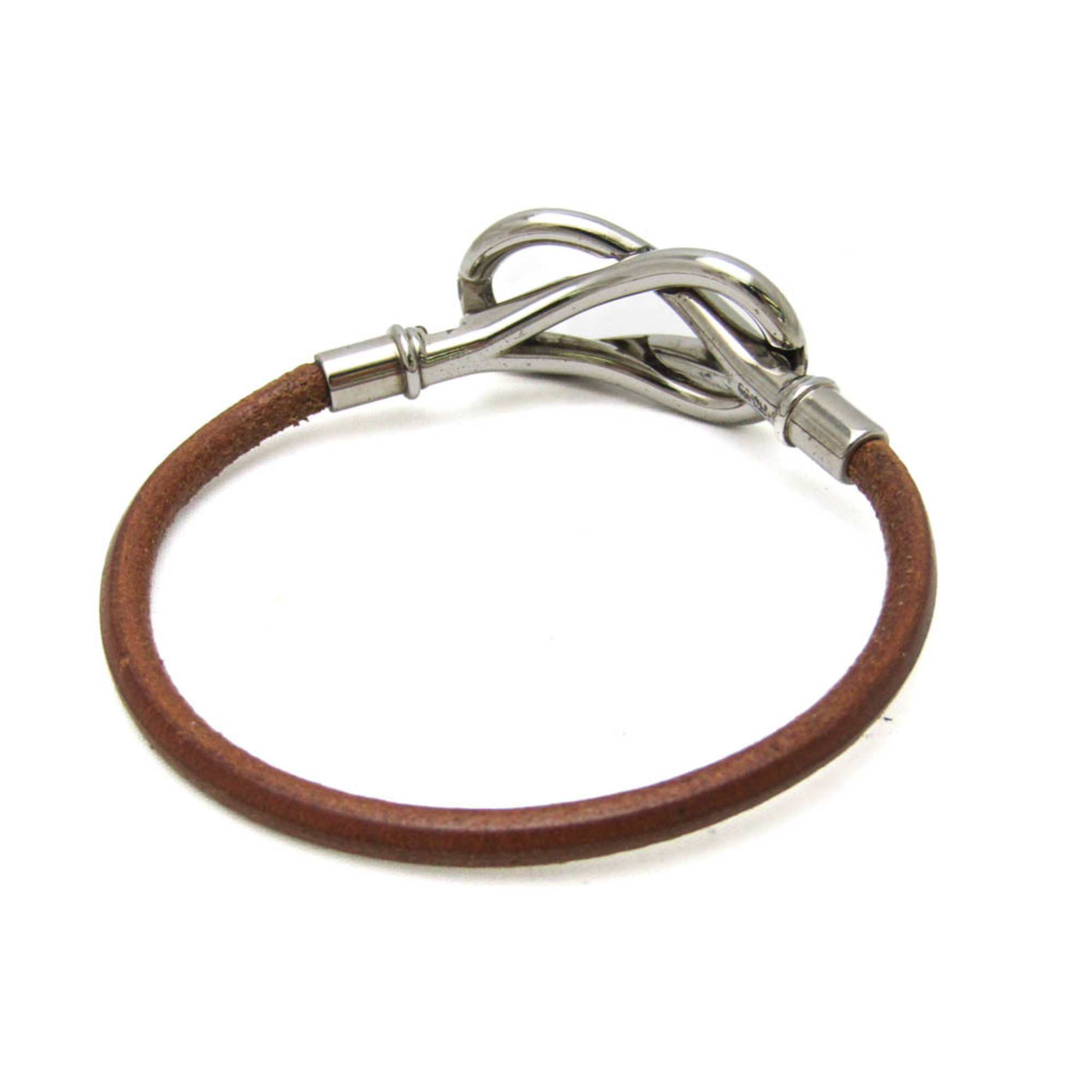 Hermes Jumbo Leather,Metal No Stone Bangle Brown,Silver