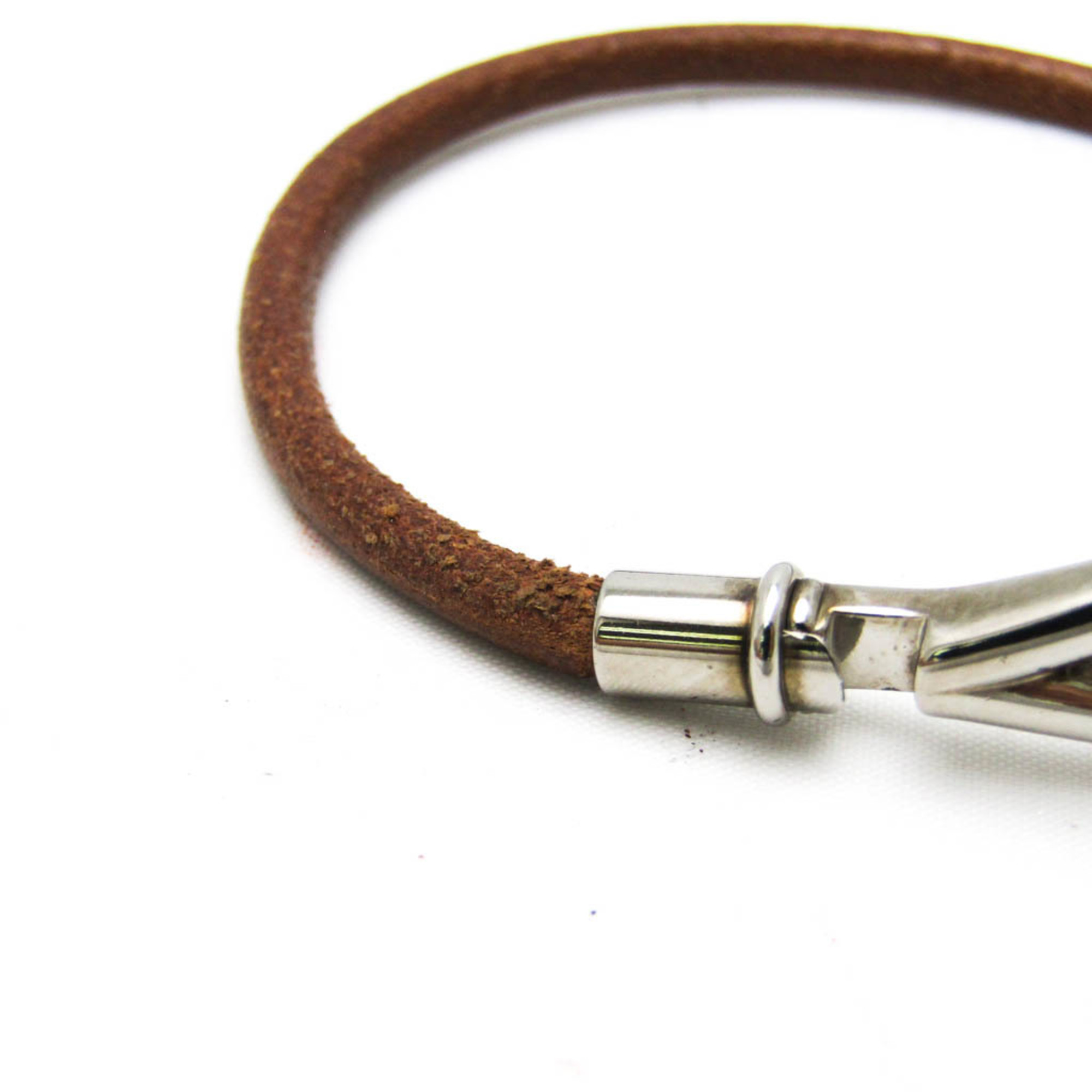 Hermes Jumbo Leather,Metal No Stone Bangle Brown,Silver