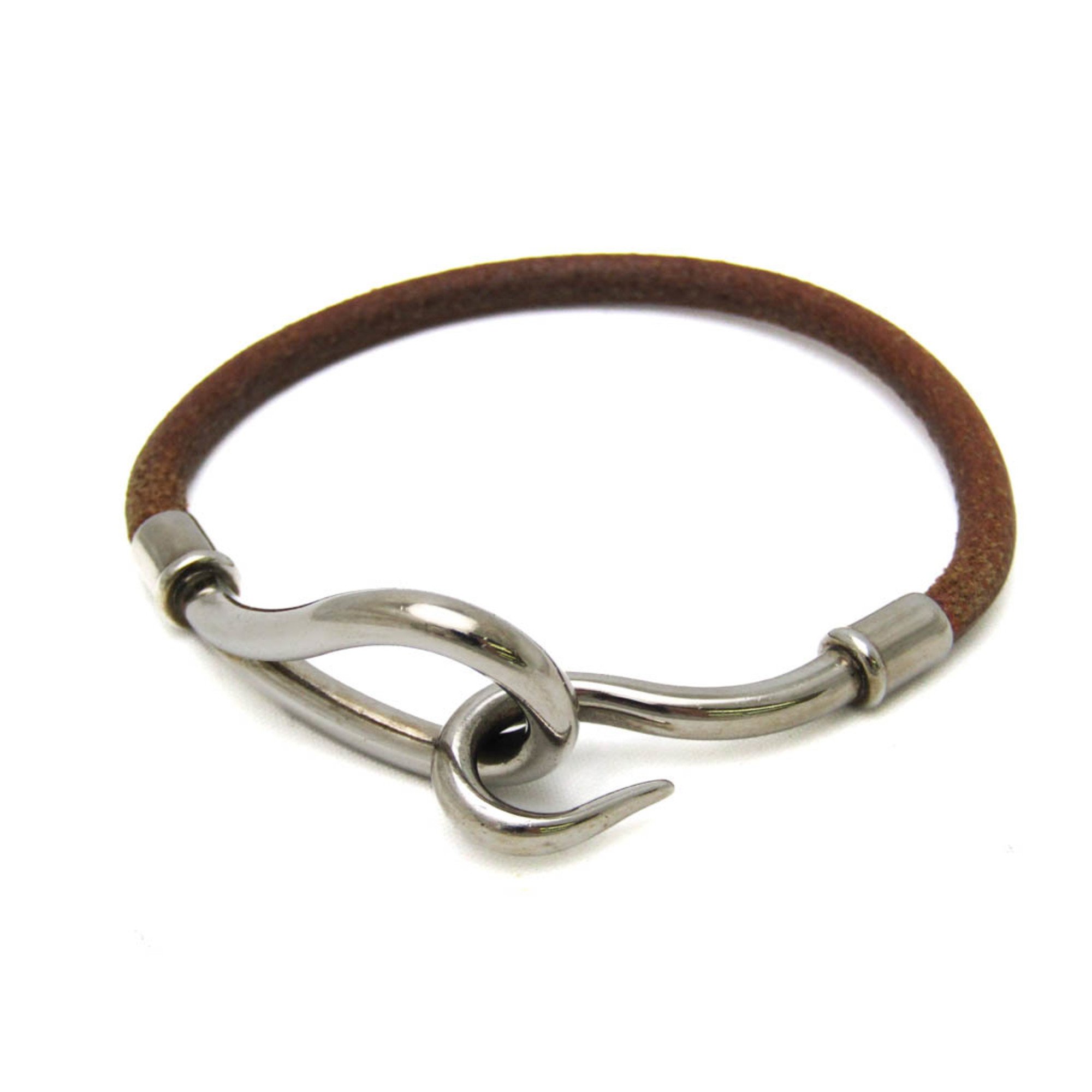 Hermes Jumbo Leather,Metal No Stone Bangle Brown,Silver