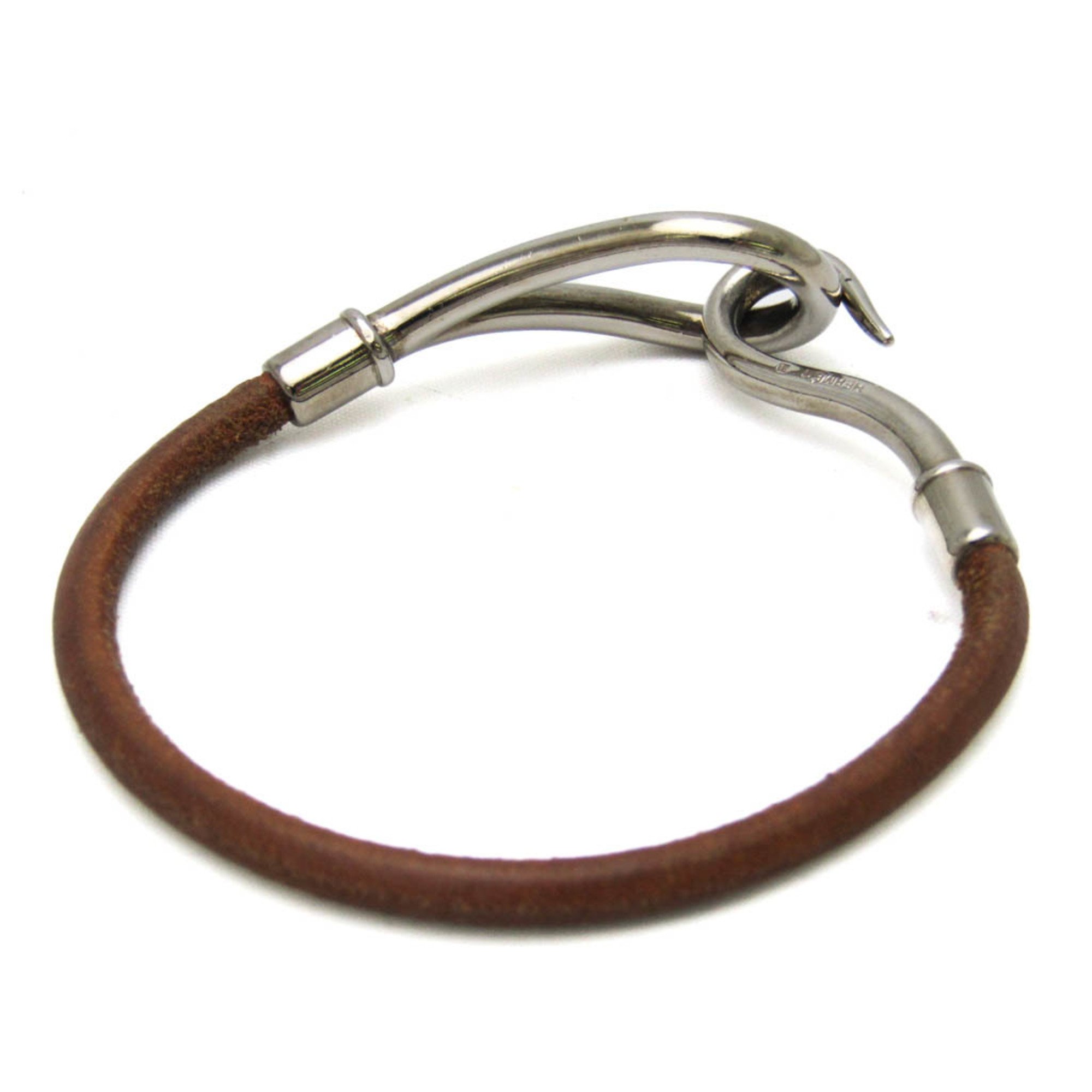 Hermes Jumbo Leather,Metal No Stone Bangle Brown,Silver