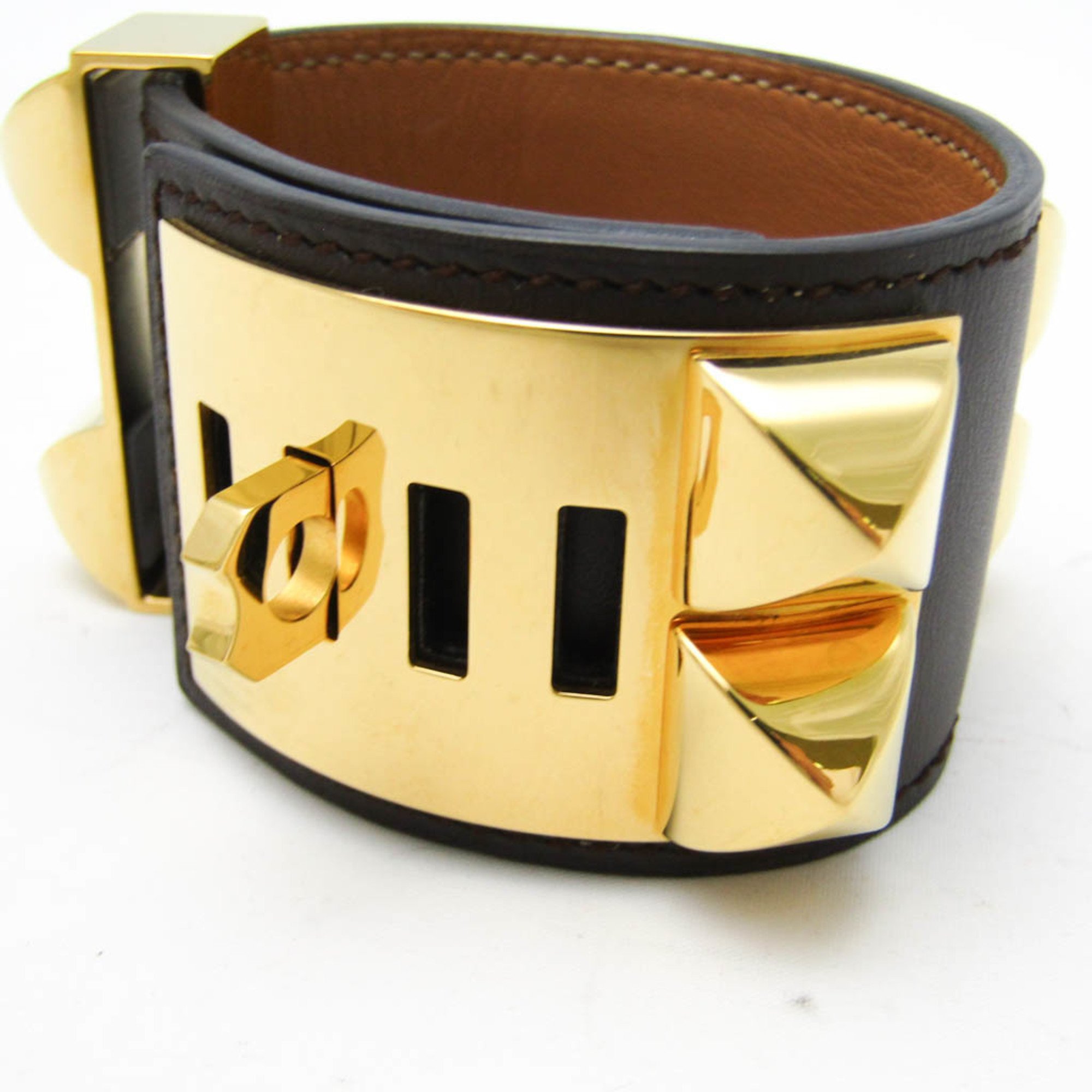 Hermes Medor Coryedosian Leather,Metal No Stone Bangle Dark Brown,Gold