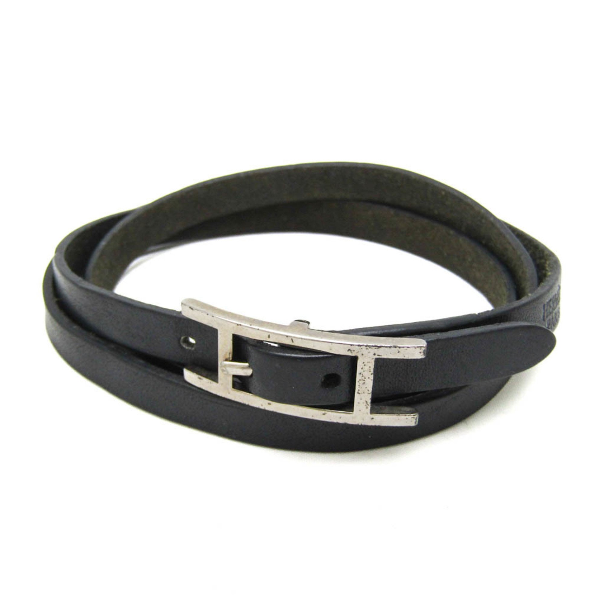 Hermes Hapi Triple Bracelet Choker Leather,Metal No Stone Bangle Black,Silver