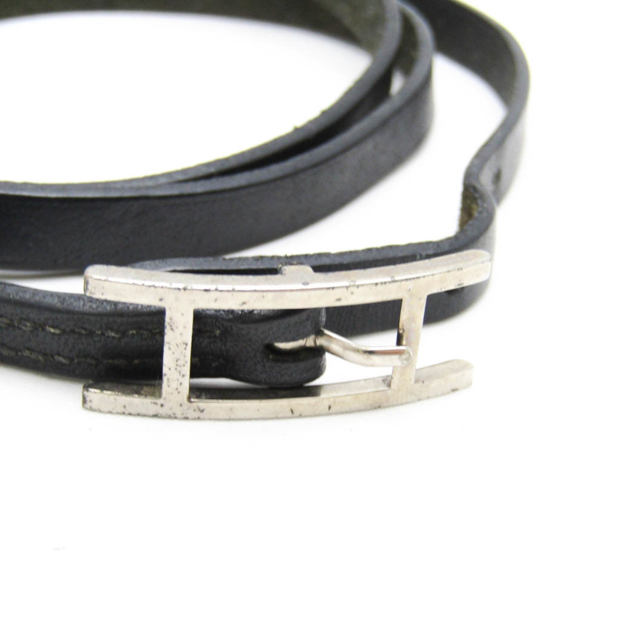 Hermes Hapi Triple Bracelet Choker Leather,Metal No Stone Bangle Black,Silver