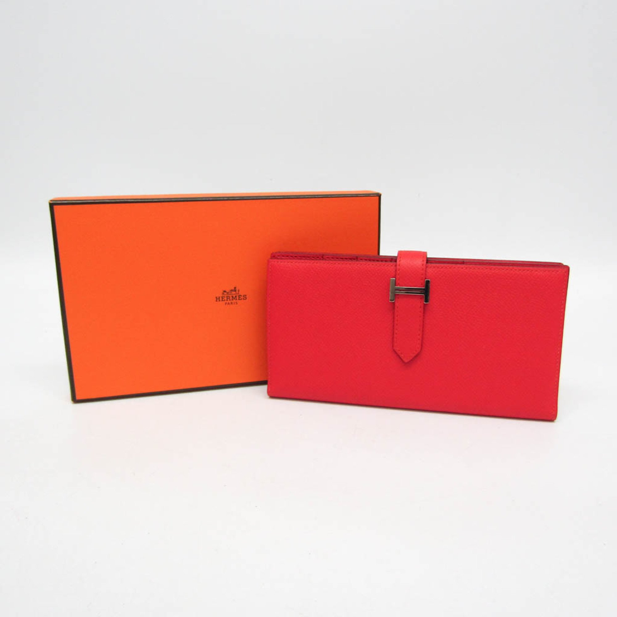 Hermes Bearn Bearn Soufflet Women's Epsom Leather Long Wallet (bi-fold) Red Color