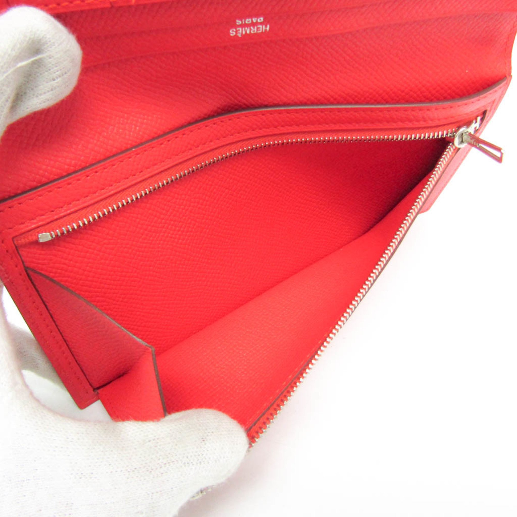 Hermes Bearn Bearn Soufflet Women's Epsom Leather Long Wallet (bi-fold) Red Color