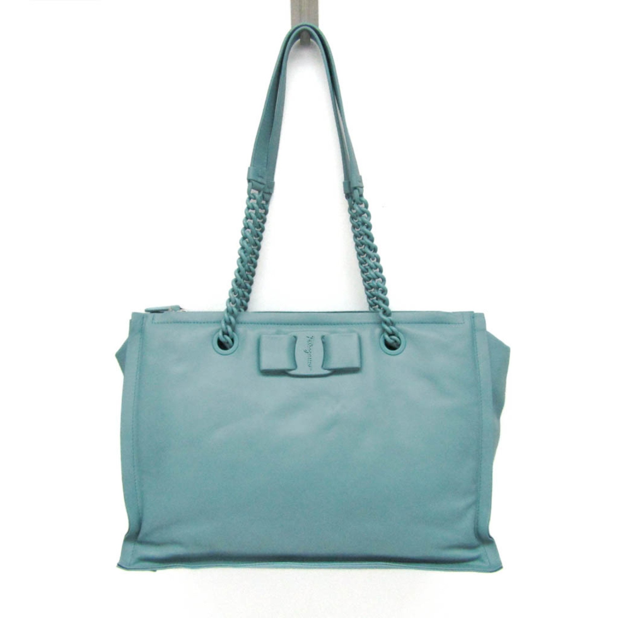 Salvatore Ferragamo VIVA BOW Chain Tote GG-210904 Women's Leather Tote Bag Blue Green