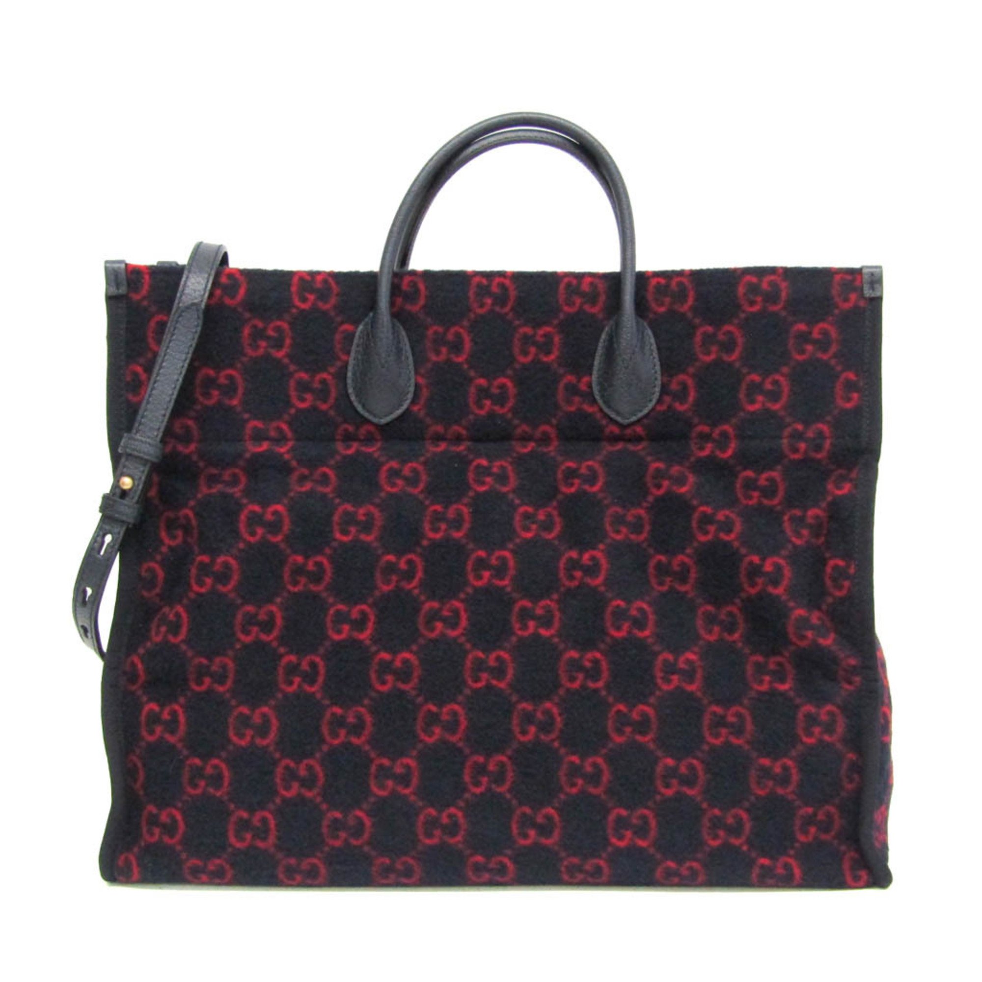 Gucci GG Logo Wool 598169 Women's Wool Shoulder Bag,Tote Bag Dark Navy,Red Color