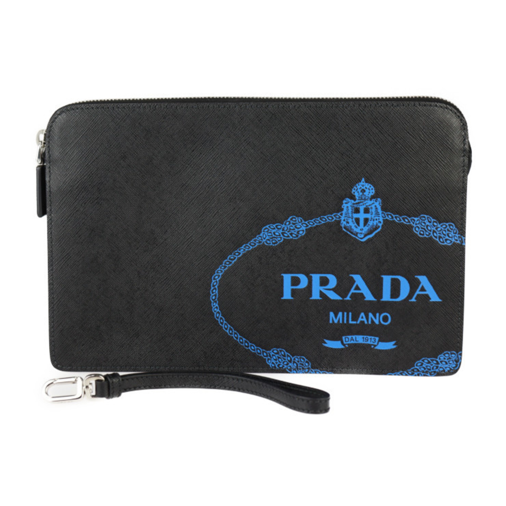 PRADA Saffiano Pouch Second Bag 2VF056 Leather NERO x MAREA Black Blue Clutch Wristlet