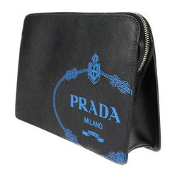 PRADA Saffiano Pouch Second Bag 2VF056 Leather NERO x MAREA Black Blue Clutch Wristlet