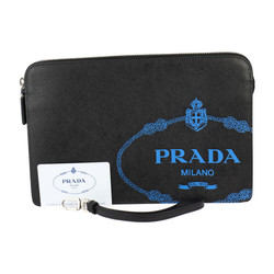 PRADA Saffiano Pouch Second Bag 2VF056 Leather NERO x MAREA Black Blue Clutch Wristlet