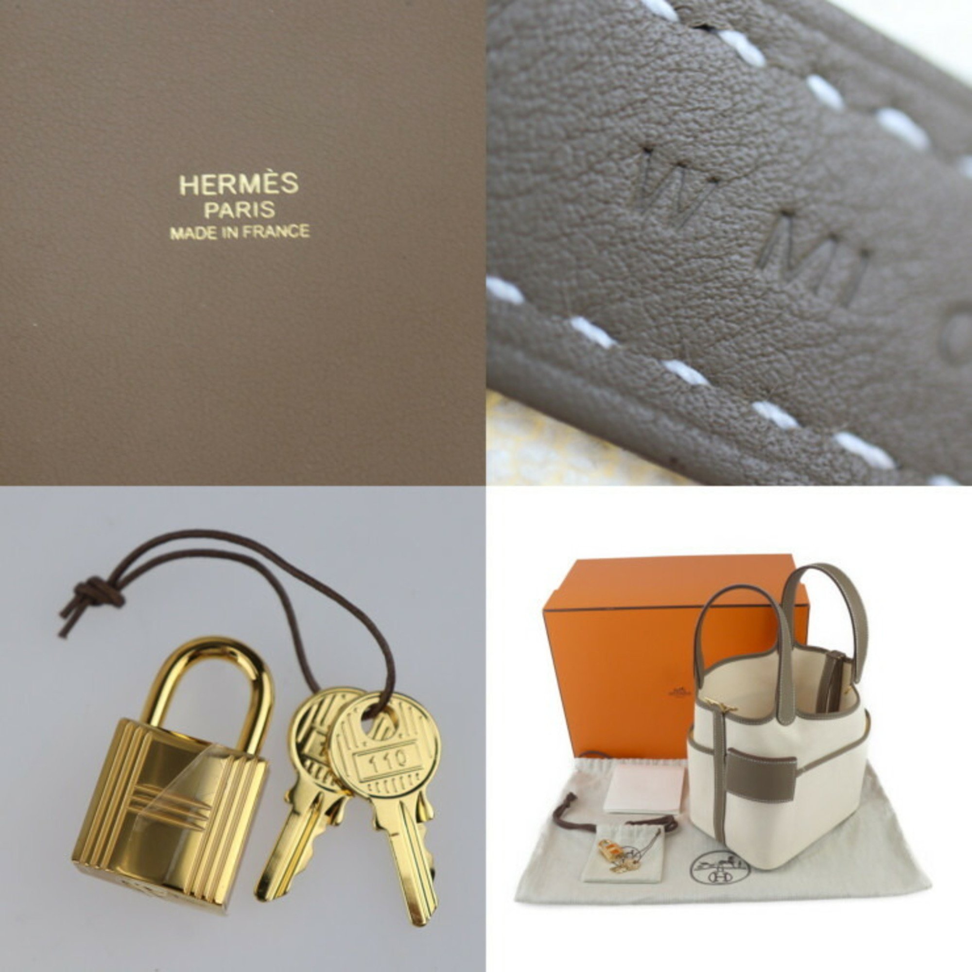 HERMES Picotin Lock PM Cargo Pocket Handbag H083189CC Toile Goelan x Swift Leather Ecru Etoupe Tote Bag W Engraved