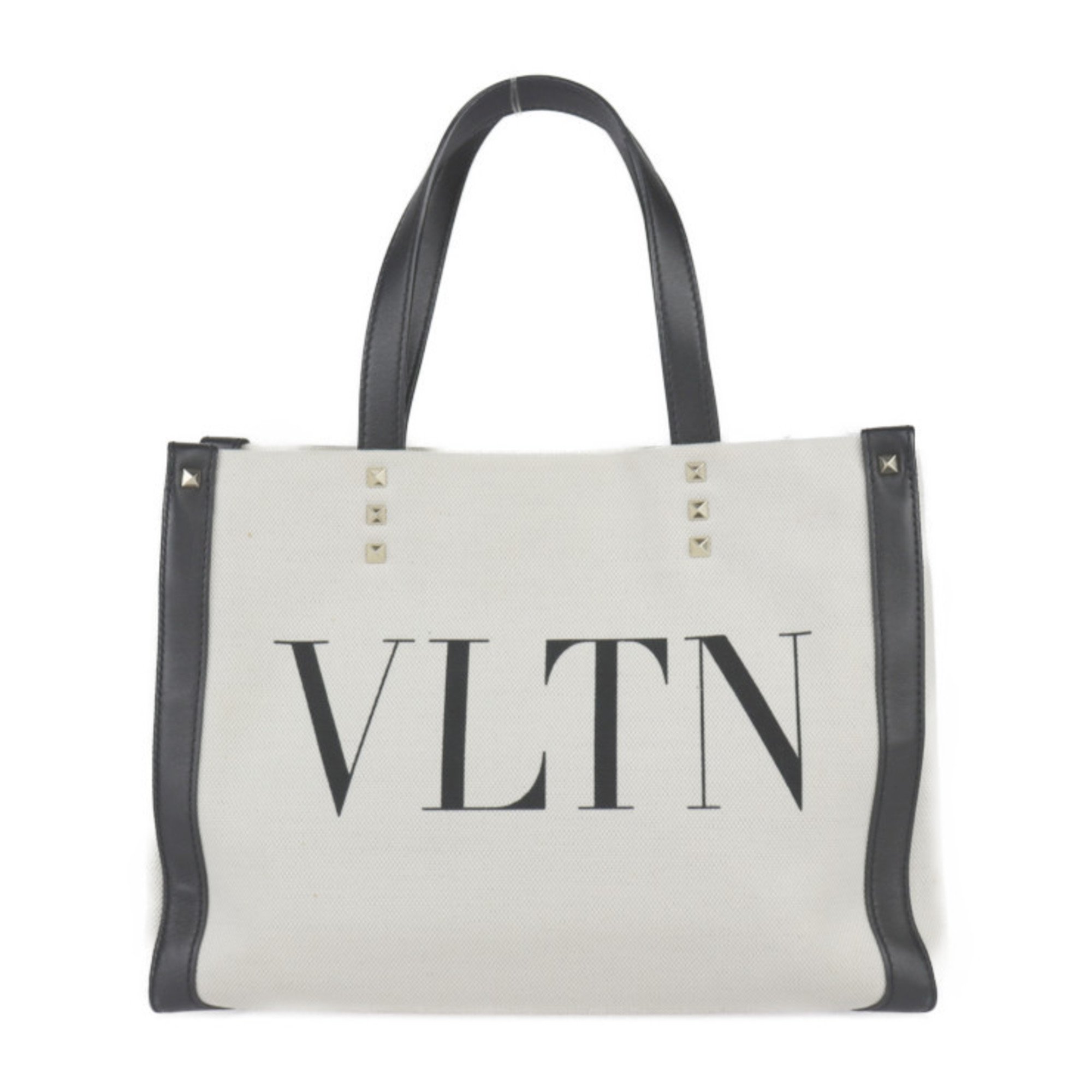 Valentino Garavani VLTN Tote Bag XW2B0H19 FWB EX9 Canvas Leather Natural Black Small Handbag Studs Print