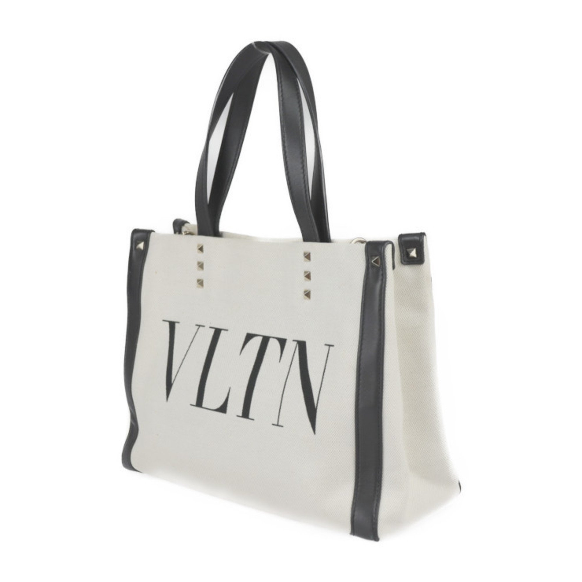 Valentino Garavani VLTN Tote Bag XW2B0H19 FWB EX9 Canvas Leather Natural Black Small Handbag Studs Print