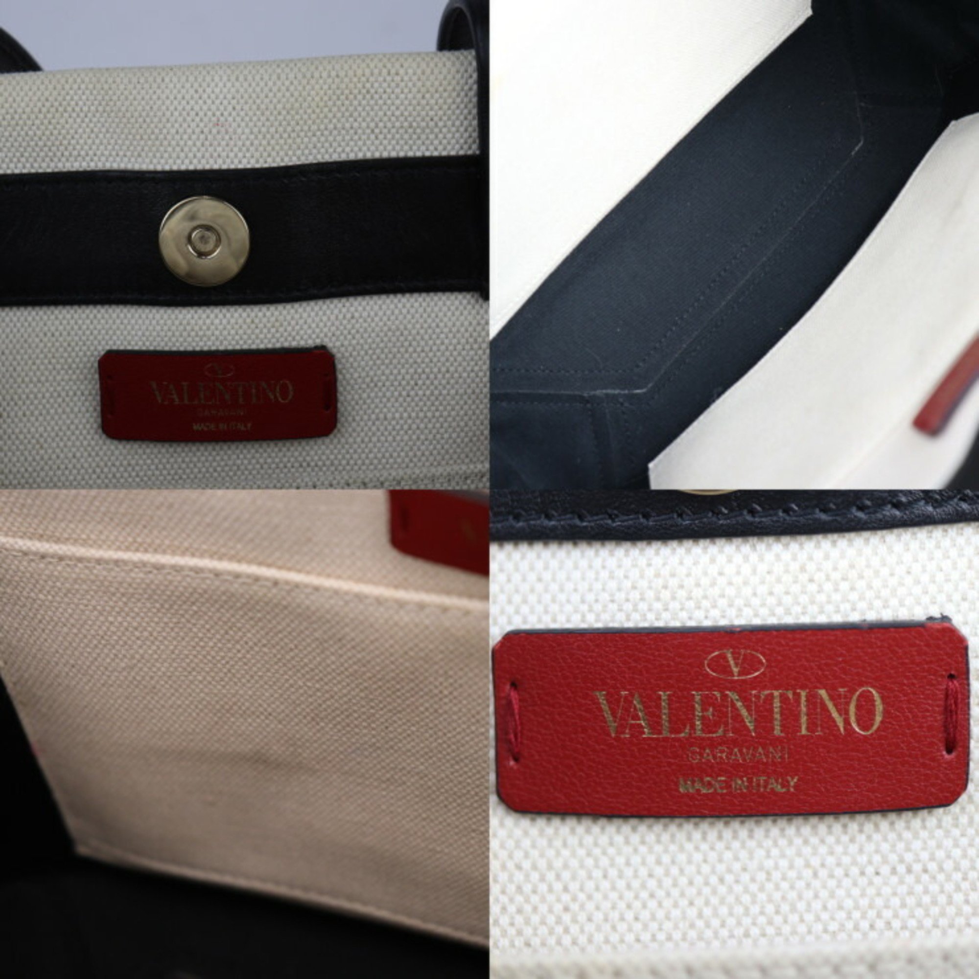 Valentino Garavani VLTN Tote Bag XW2B0H19 FWB EX9 Canvas Leather Natural Black Small Handbag Studs Print