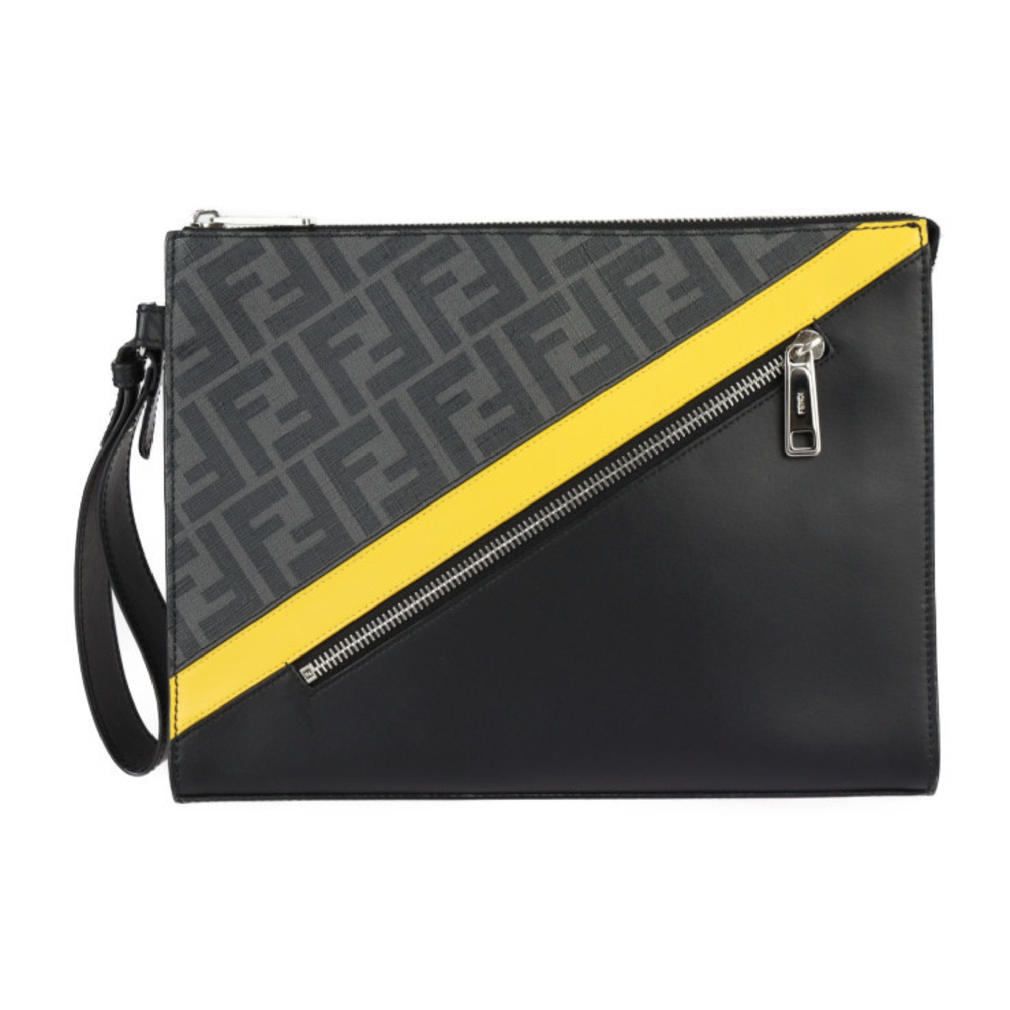 FENDI Diagonal Clutch Bag Second 7V91 Leather Black Grey Yellow Wristlet FF