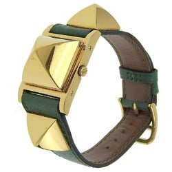 Hermes HERMES Medor watch gold plated x leather green quartz white dial ladies