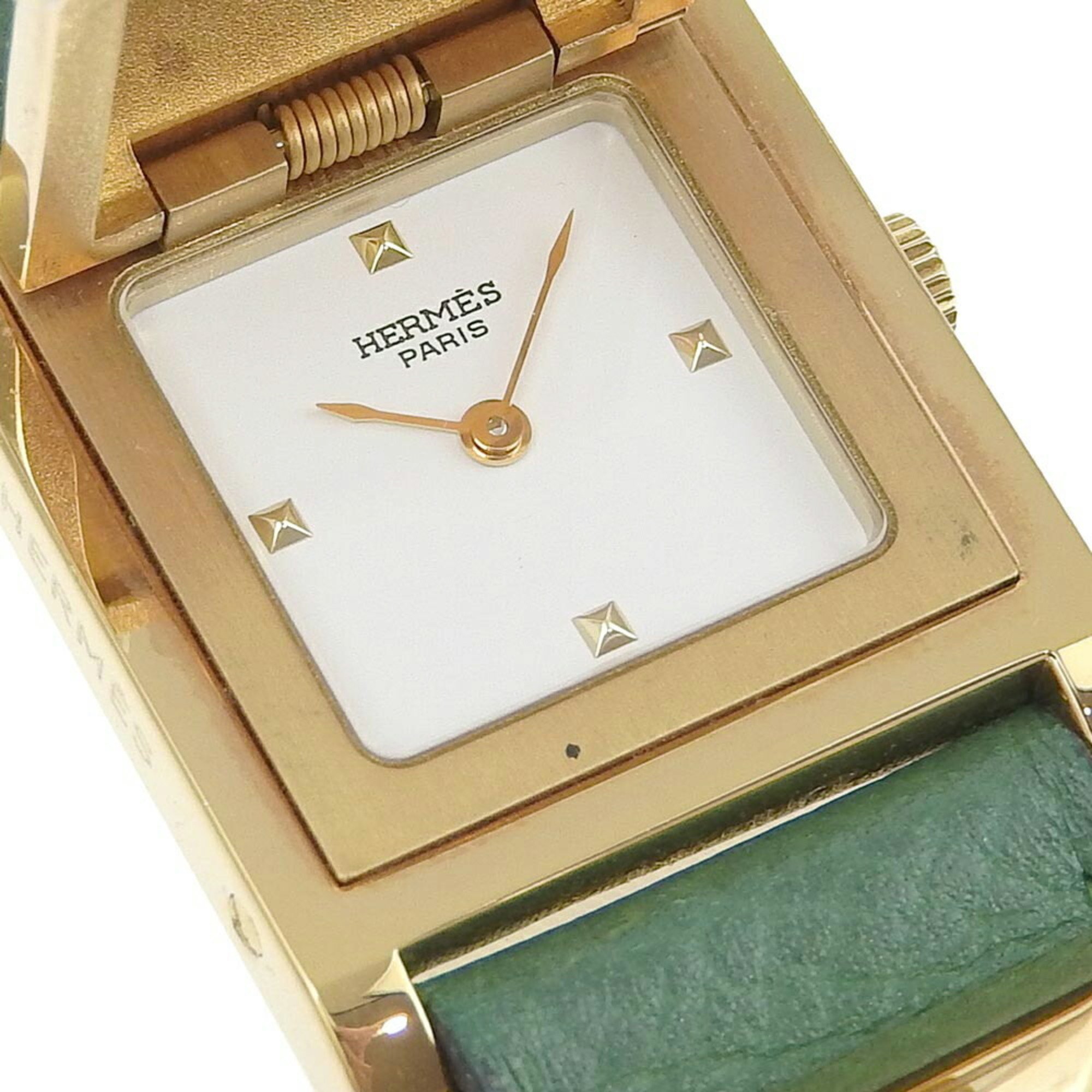 Hermes HERMES Medor watch gold plated x leather green quartz white dial ladies