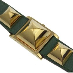 Hermes HERMES Medor watch gold plated x leather green quartz white dial ladies