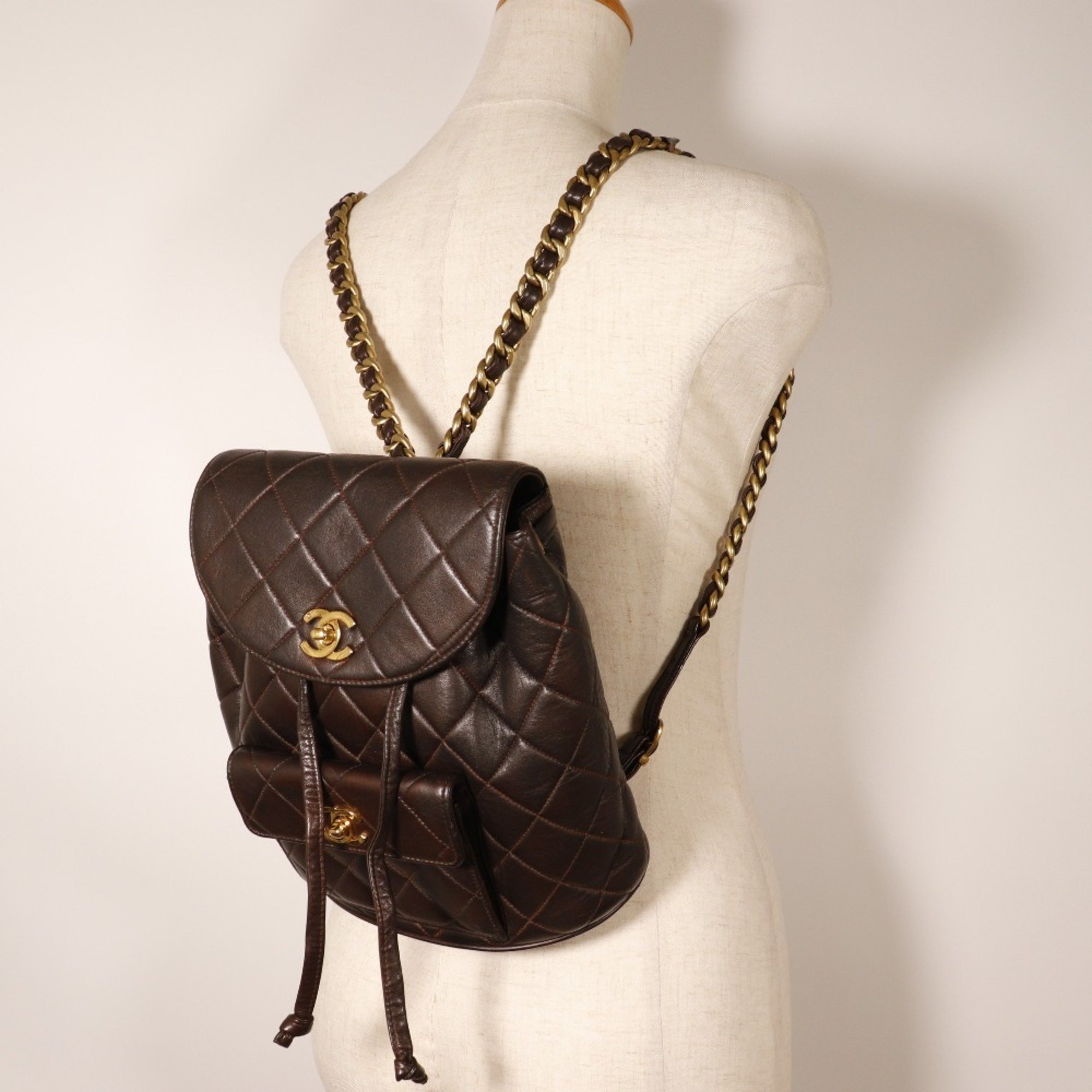 Chanel CHANEL Matelasse Backpack/Daypack Coco Mark Lambskin Brown A5 Turnlock Women's