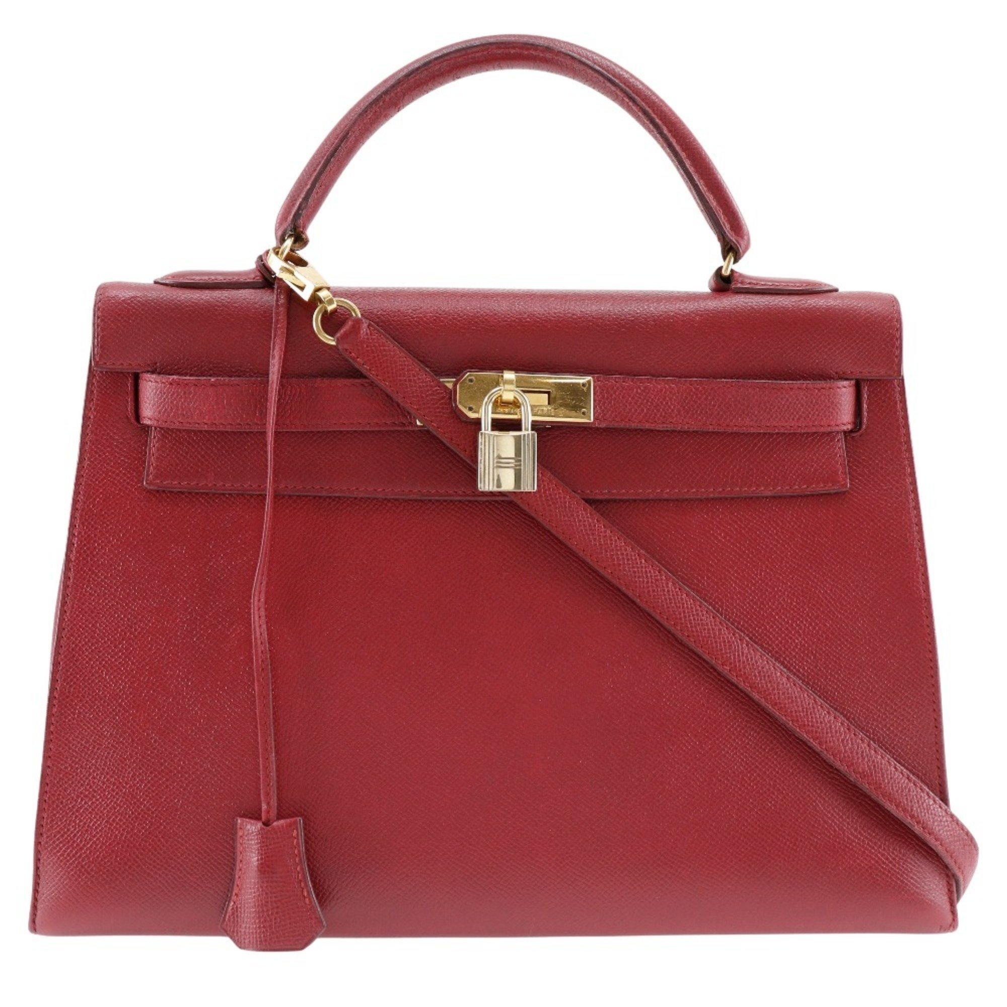 Hermes HERMES Kelly 32 outside sewing handbag Cushvel red 2way A5 belt fasteners Ladies B-rank