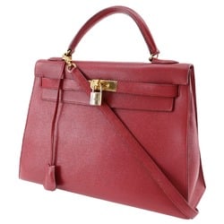 Hermes HERMES Kelly 32 outside sewing handbag Cushvel red 2way A5 belt fasteners Ladies B-rank