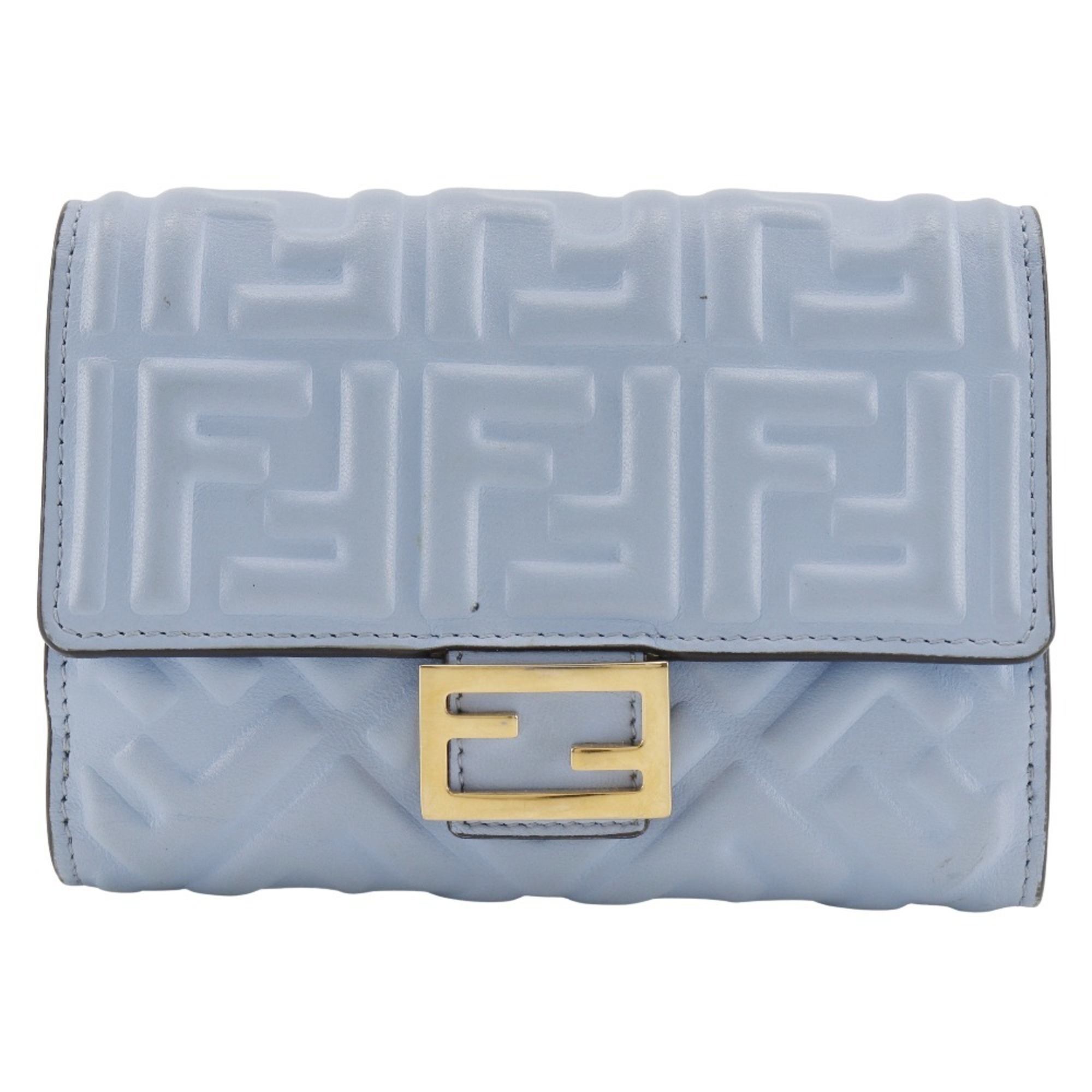 FENDI Medium Baguette Bi-fold Wallet FF Embossed 8M0419 Calfskin Light Blue Snap Button Women's