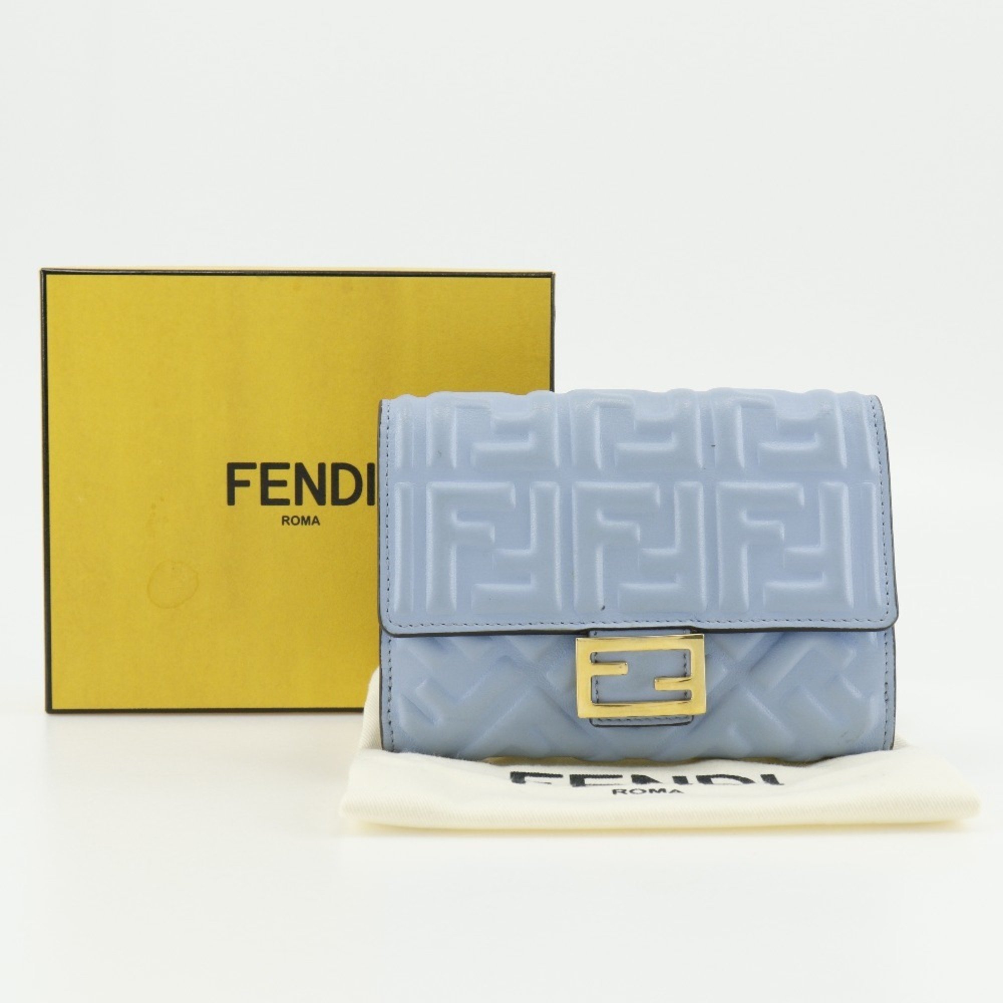 FENDI Medium Baguette Bi-fold Wallet FF Embossed 8M0419 Calfskin Light Blue Snap Button Women's